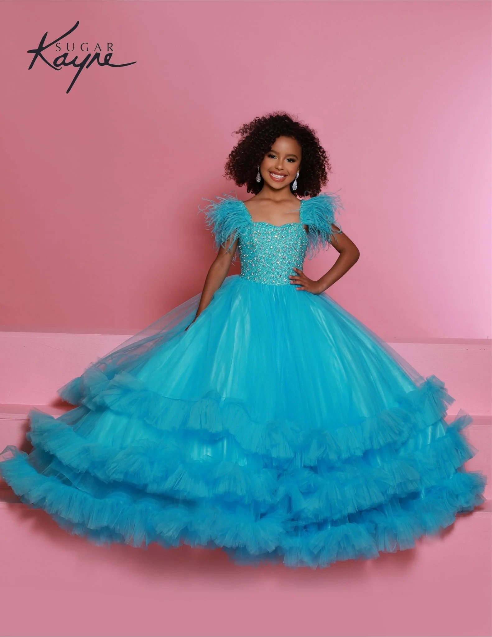Sugar Kayne C327 Girls Pageant Dress Feather Straps Tiered Ruffle Bottom Crystal Bodice - Image 3
