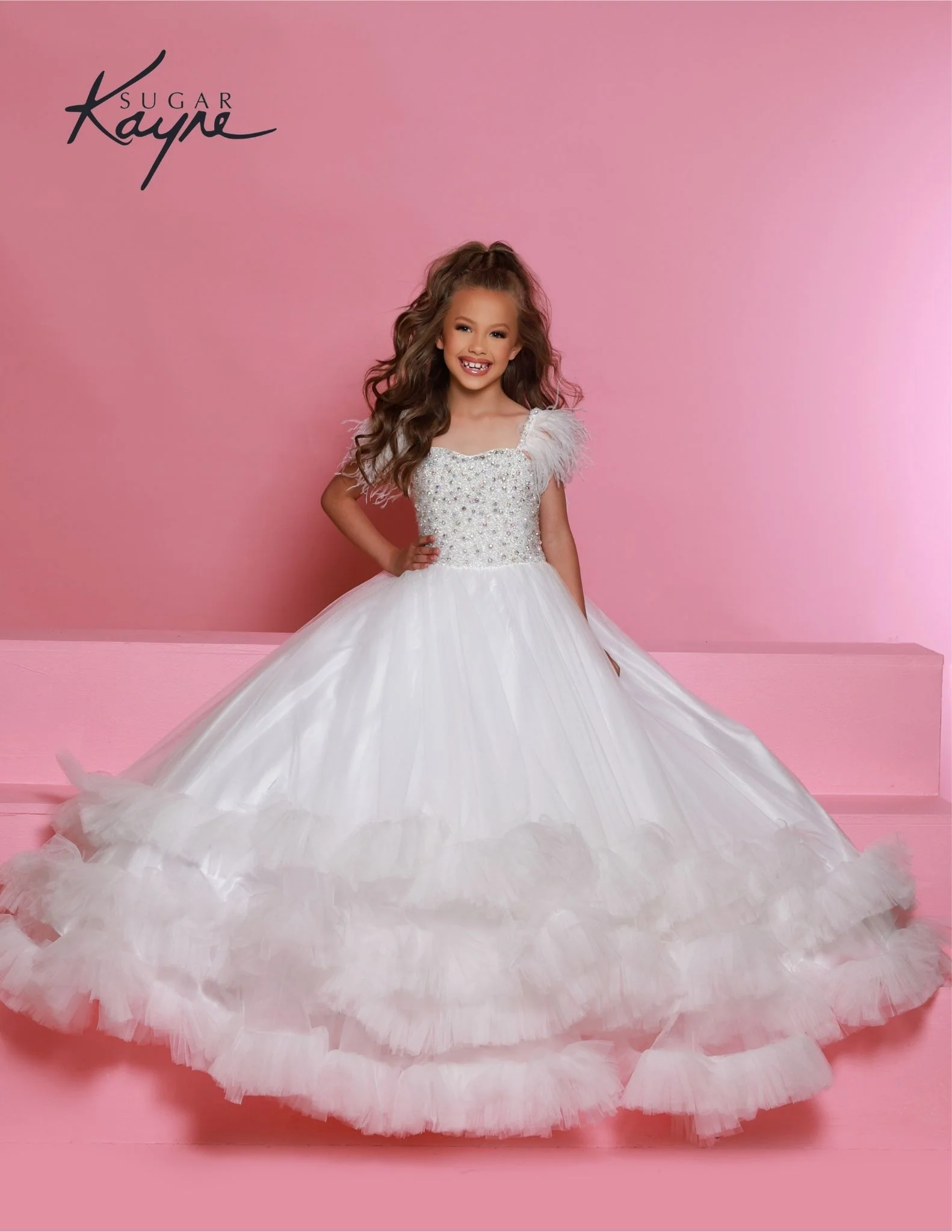 Sugar Kayne C327 Girls Pageant Dress Feather Straps Tiered Ruffle Bottom Crystal Bodice - Image 5