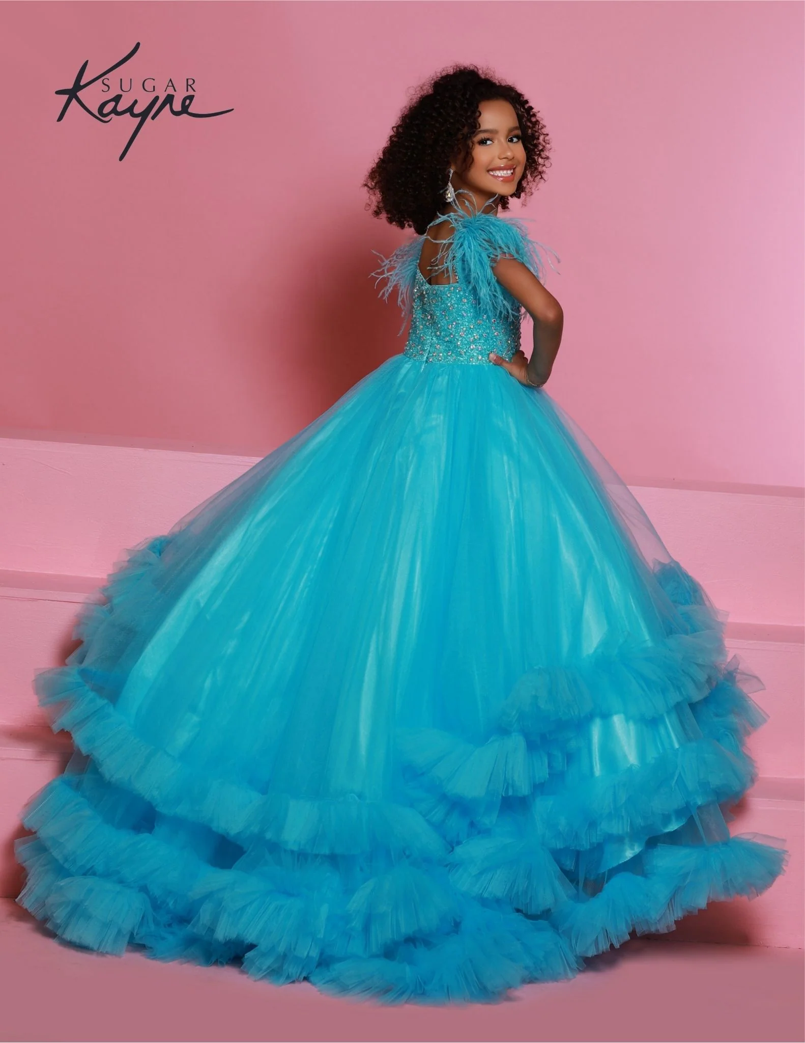 Sugar Kayne C327 Girls Pageant Dress Feather Straps Tiered Ruffle Bottom Crystal Bodice - Image 6