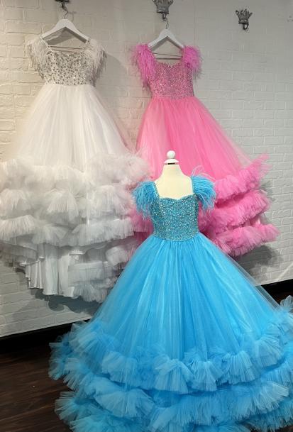 Sugar Kayne C327 Girls Pageant Dress Feather Straps Tiered Ruffle Bottom Crystal Bodice - Image 9