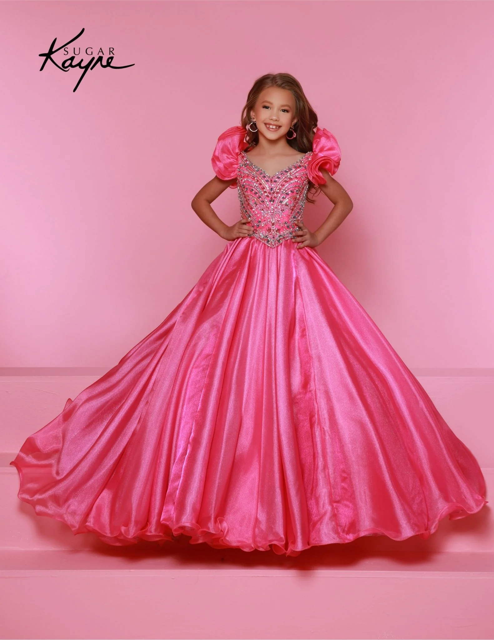 Sugar Kayne C334 Girls Pageant Dress Metallic Organza Gown Beaded Bodice Ruffle Sleeve