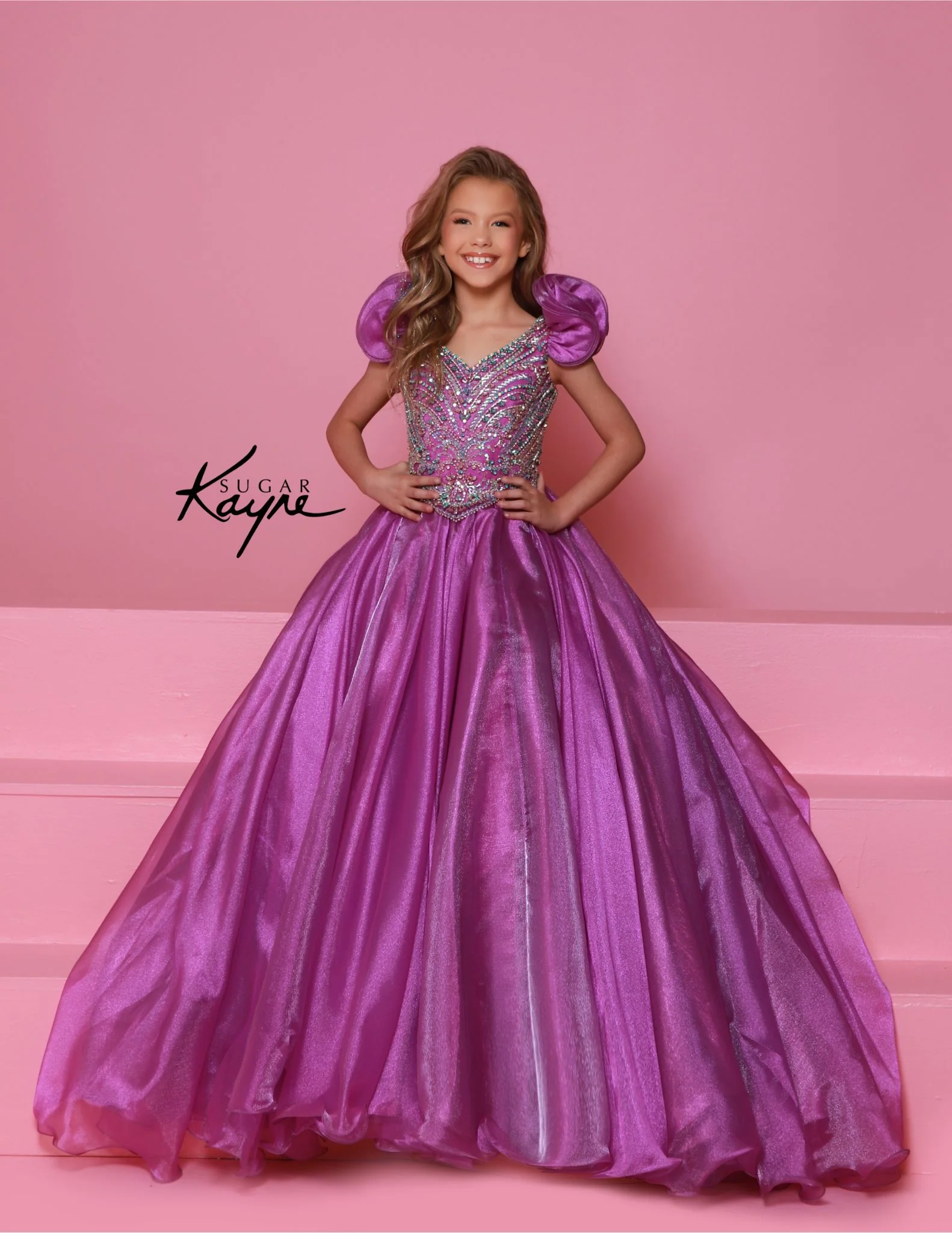 Sugar Kayne C334 Girls Pageant Dress Metallic Organza Gown Beaded Bodice Ruffle Sleeve - Image 2