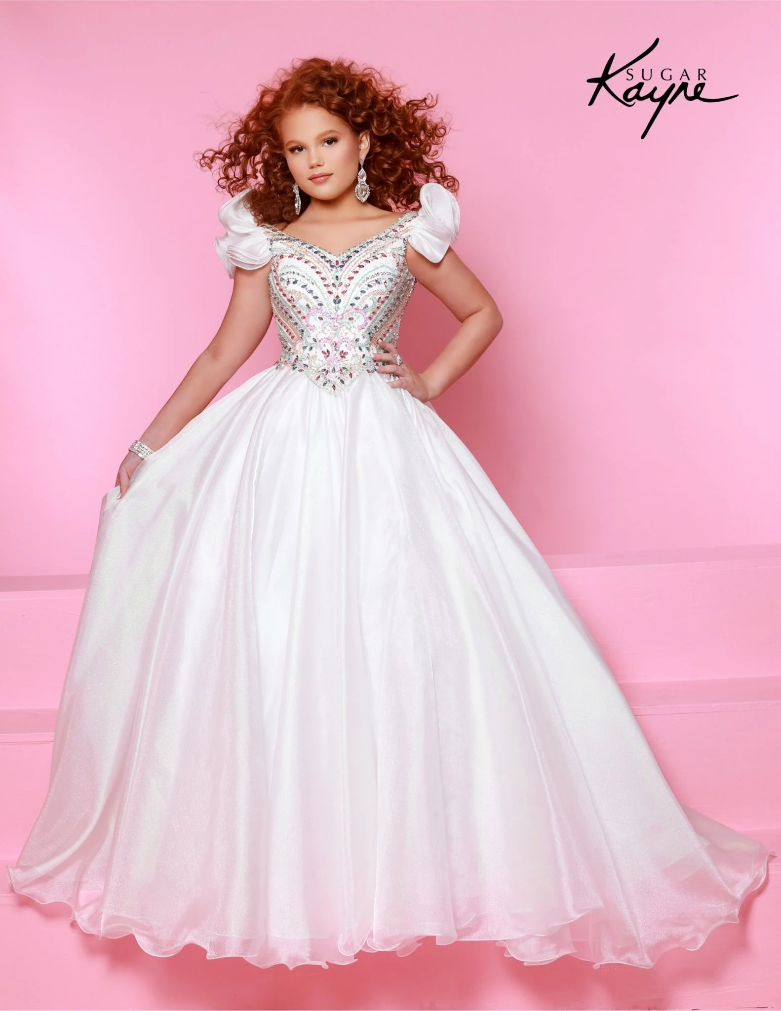 Sugar Kayne C334 Girls Pageant Dress Metallic Organza Gown Beaded Bodice Ruffle Sleeve - Image 4