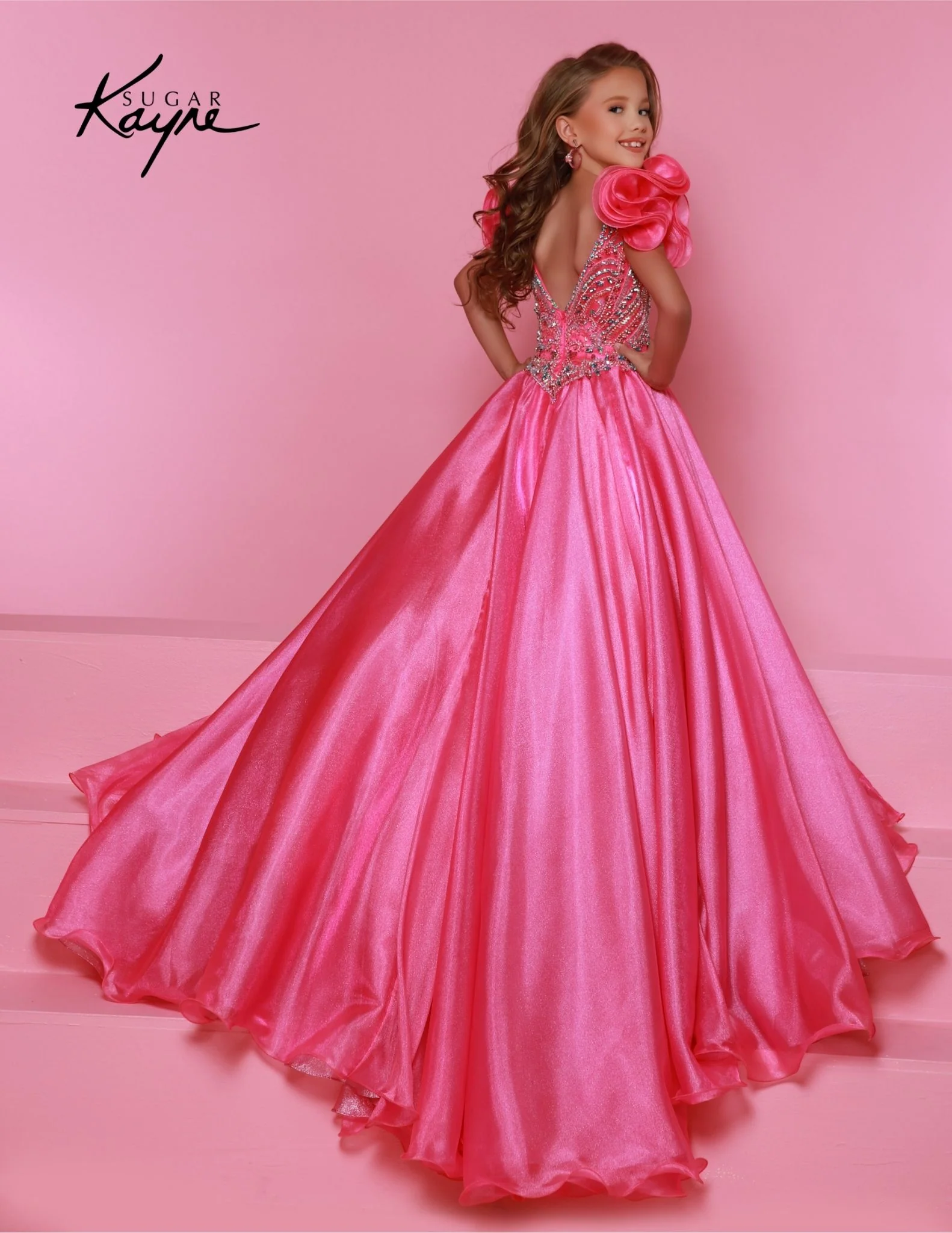 Sugar Kayne C334 Girls Pageant Dress Metallic Organza Gown Beaded Bodice Ruffle Sleeve - Image 5