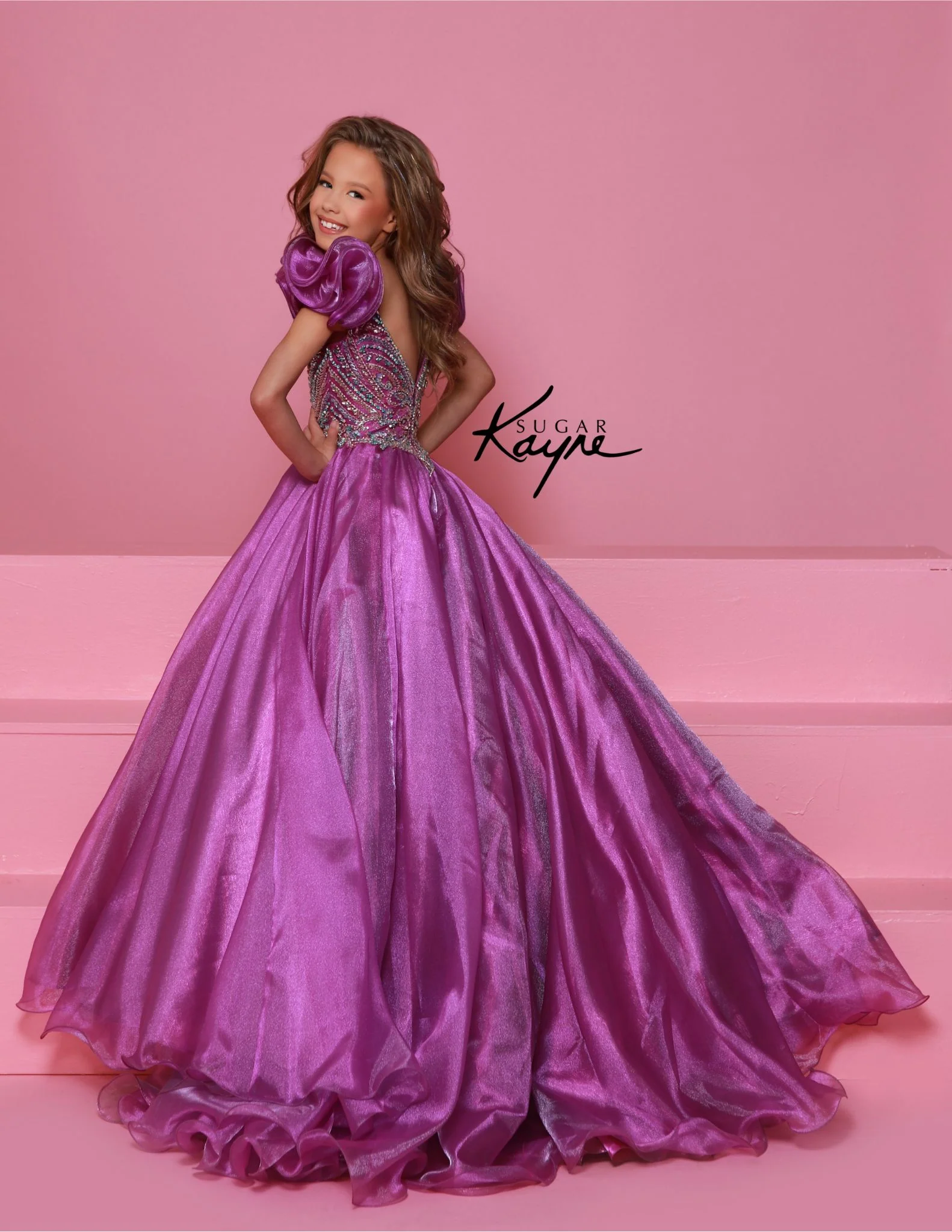 Sugar Kayne C334 Girls Pageant Dress Metallic Organza Gown Beaded Bodice Ruffle Sleeve - Image 6
