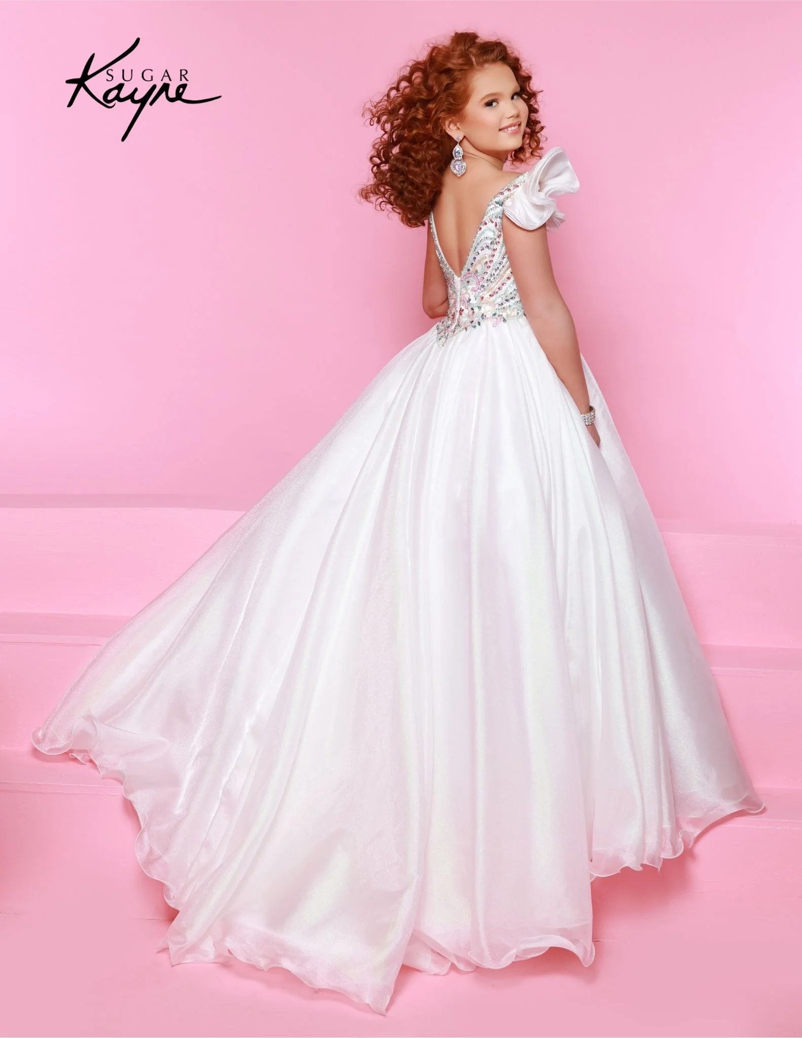Sugar Kayne C334 Girls Pageant Dress Metallic Organza Gown Beaded Bodice Ruffle Sleeve - Image 7