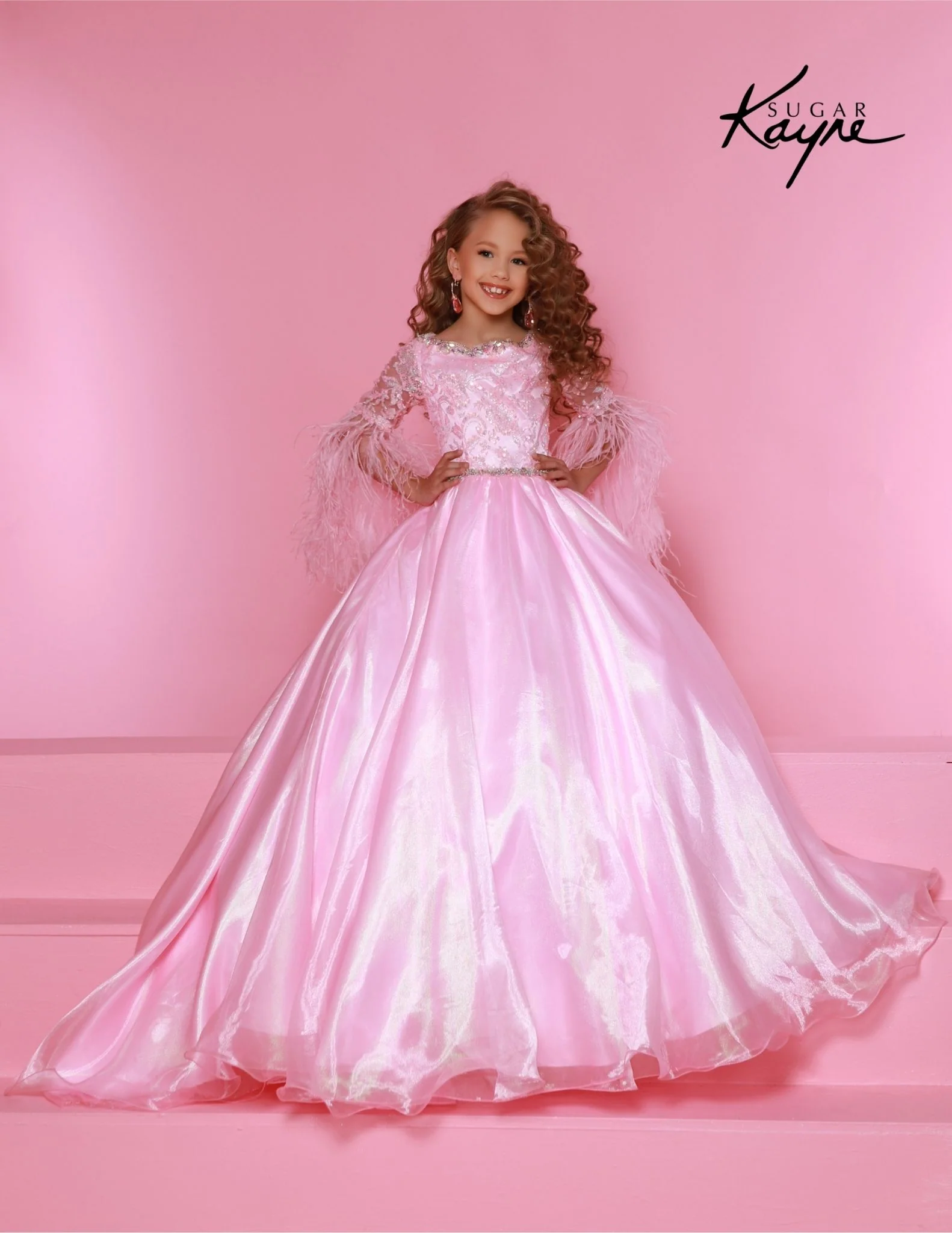 Sugar Kayne C338 Size 6 Aqua Long Girls  Preteen Pageant Dress A-line Ballgown Sequin Feather Sleeves - Image 3