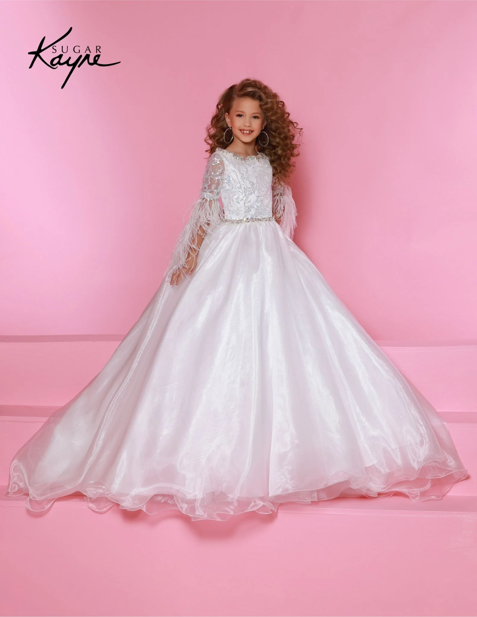 Sugar Kayne C338 Size 6 Aqua Long Girls  Preteen Pageant Dress A-line Ballgown Sequin Feather Sleeves - Image 4