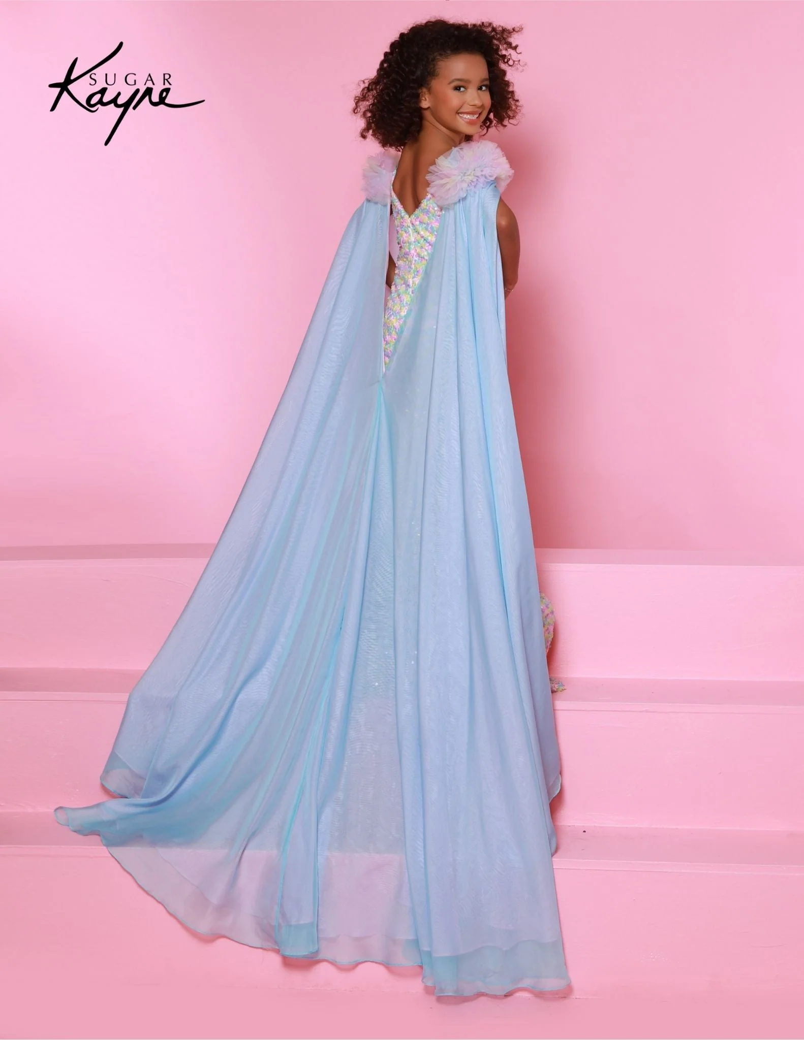 Sugar Kayne C341 Size 8 Aqua Girls Pageant Sequin Jumpsuit Ruffle Sleeve Matching Cape Fun Fashion Shimmer - Image 2