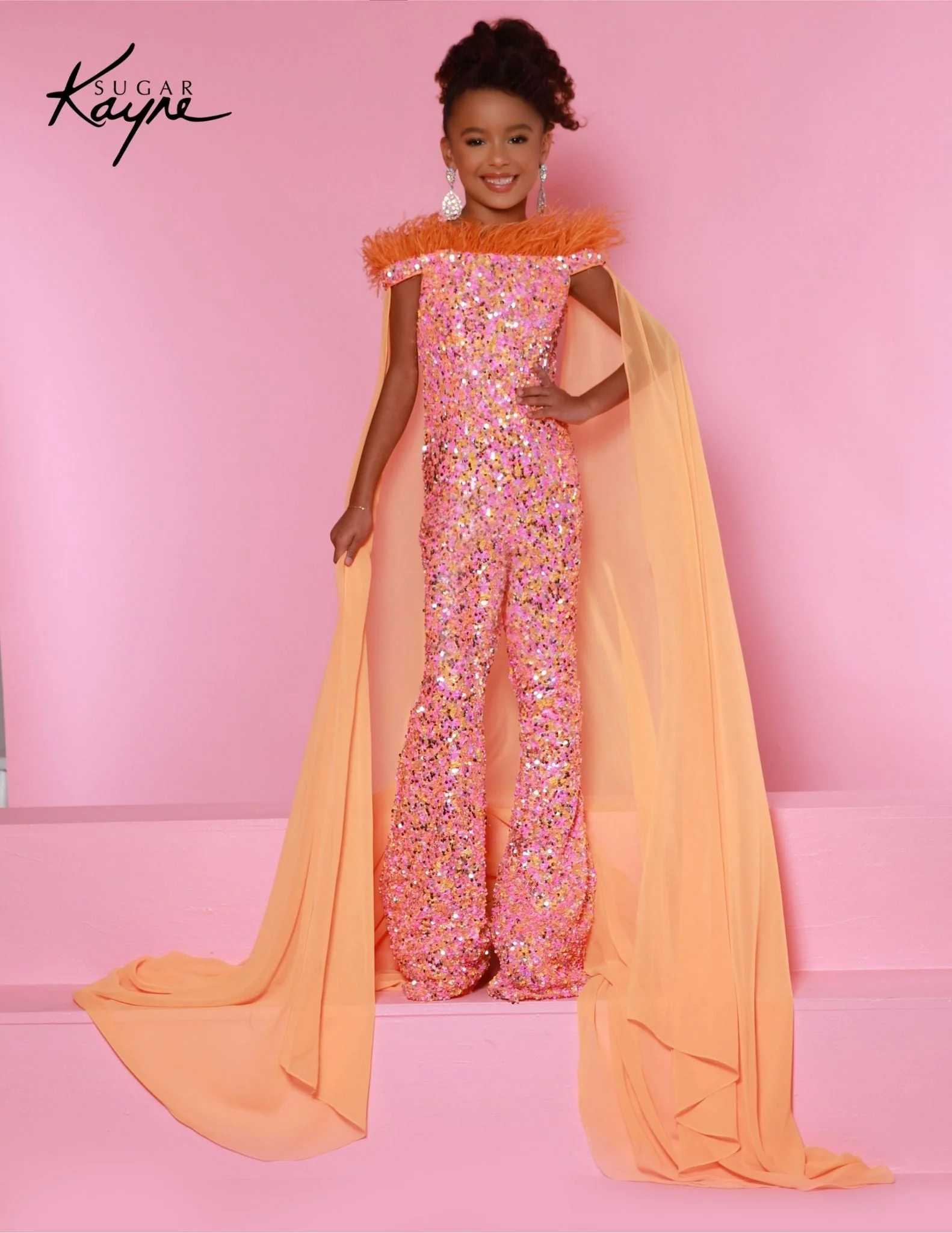 Sugar Kayne C346 Size 12 Neon Pink Girls  Pageant Jumpsuit Bell Bottom Feathers Sequin Cape Fun Fashion Shimmer - Image 3