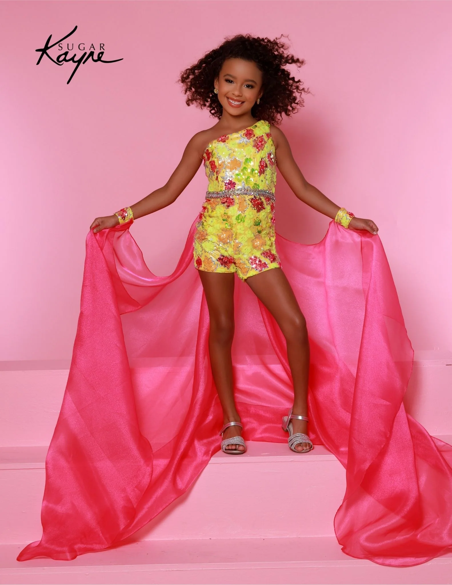 Sugar Kayne C347 Size 8 Lemonburst Girls Pageant Romper One Shoulder Sequin Mesh Overskirt Fun Fashion Shimmer