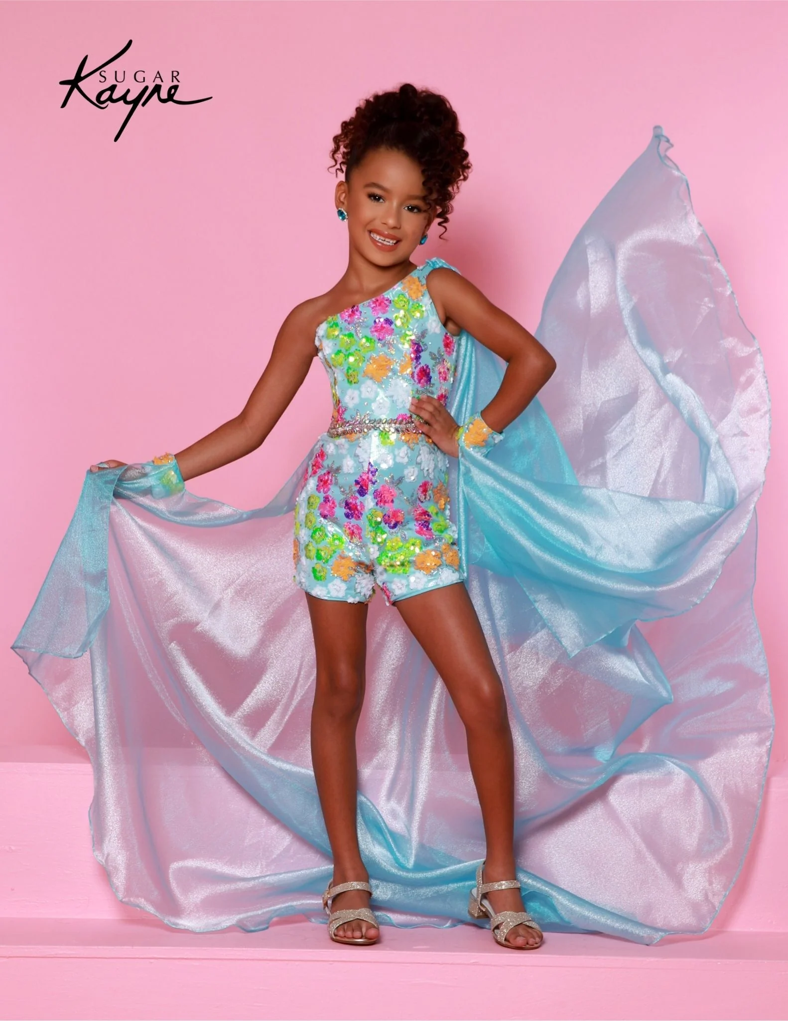 Sugar Kayne C347 Size 8 Lemonburst Girls Pageant Romper One Shoulder Sequin Mesh Overskirt Fun Fashion Shimmer - Image 2