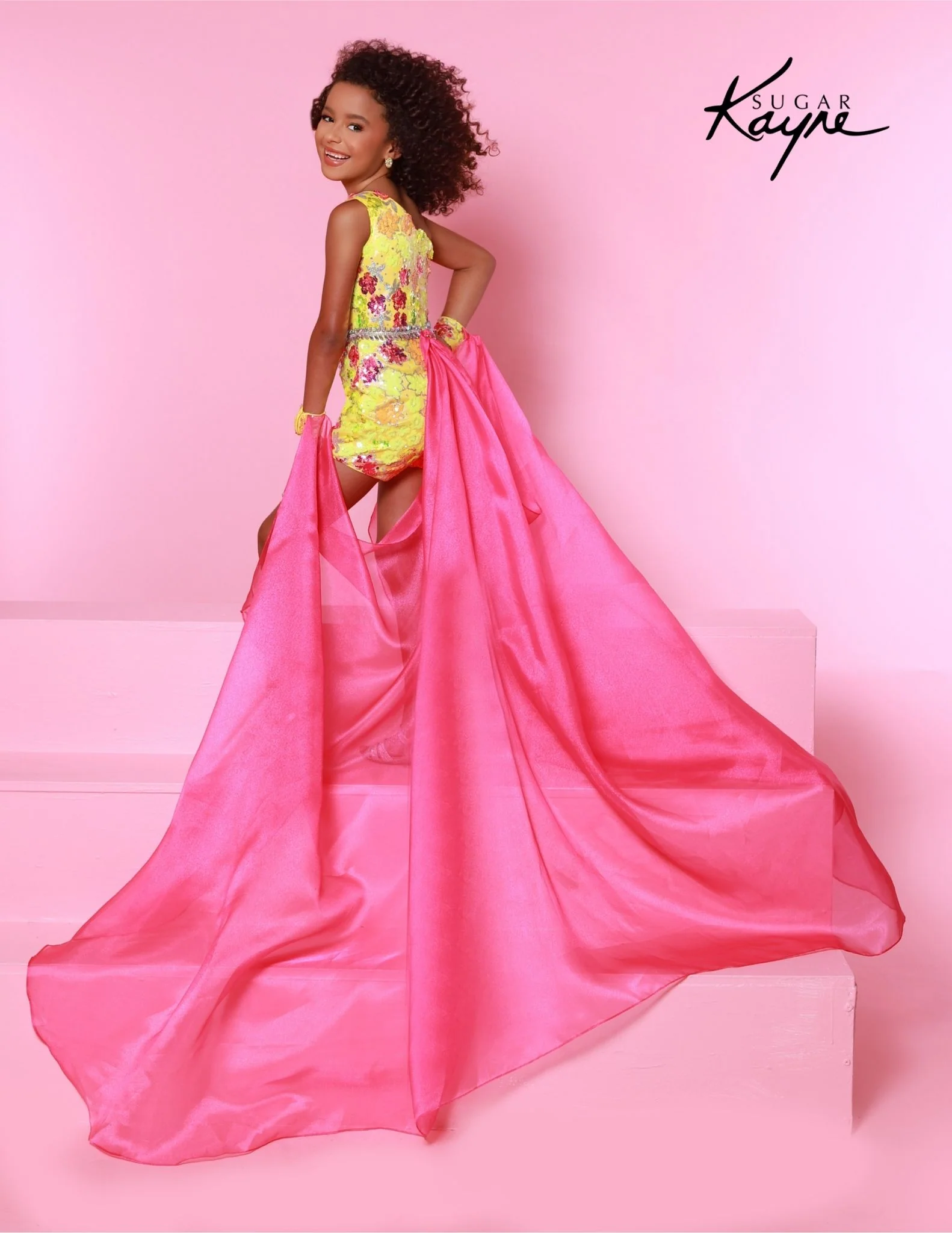 Sugar Kayne C347 Size 8 Lemonburst Girls Pageant Romper One Shoulder Sequin Mesh Overskirt Fun Fashion Shimmer - Image 5