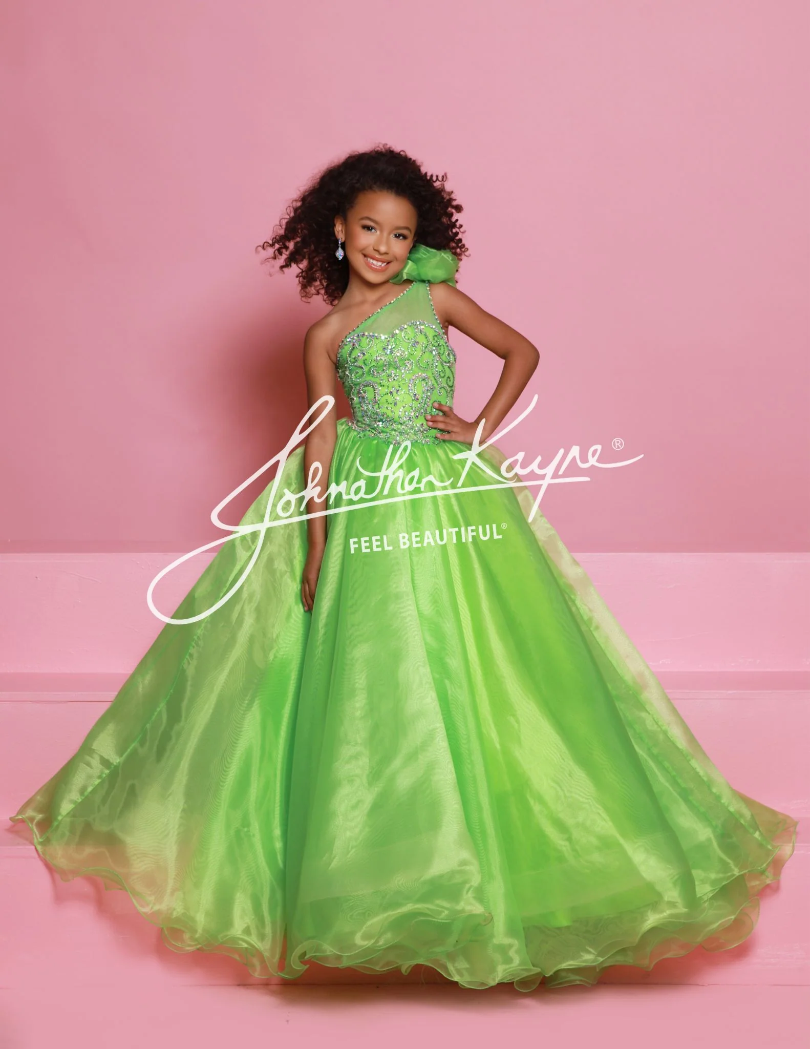 Sugar Kayne C355 Size 2 White Girls Pageant Dress One Shoulder Ballgown Formal Crystal Bodice Organza Straight Skirt Train - Image 2