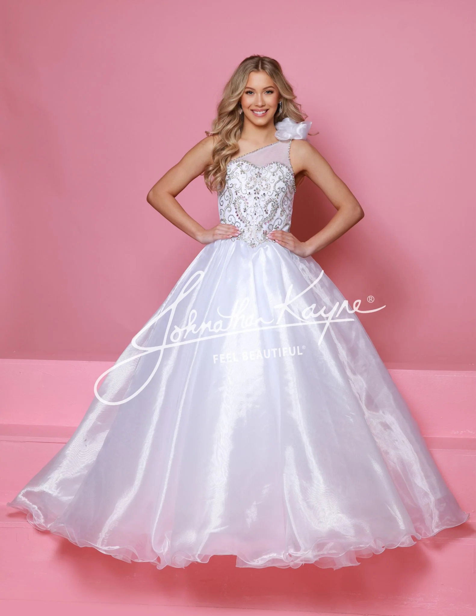 Sugar Kayne C355 Size 2 White Girls Pageant Dress One Shoulder Ballgown Formal Crystal Bodice Organza Straight Skirt Train