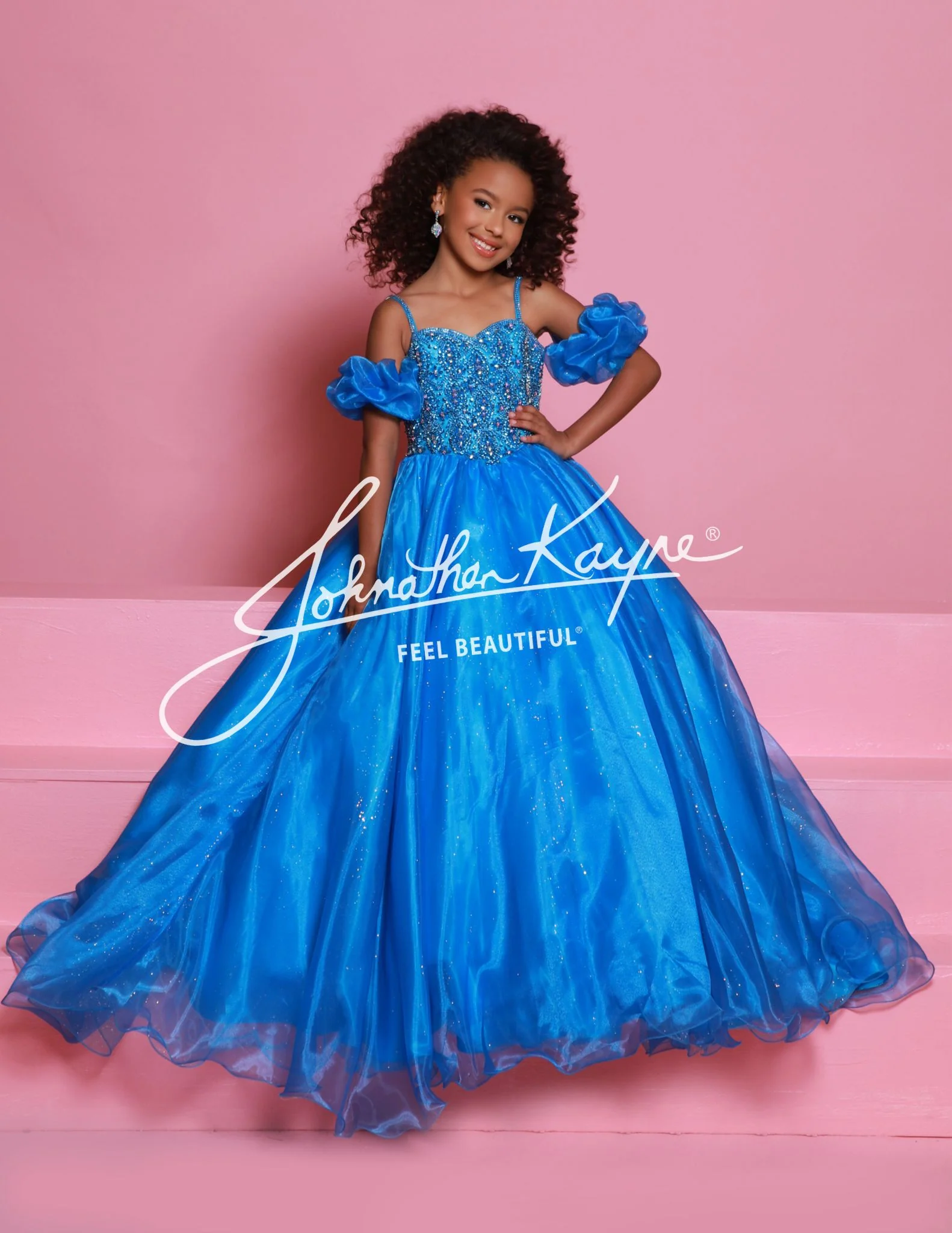 Sugar Kayne C359 Size 4 Capri Blue Girls Pageant Dress Ballgown Puff Sleeves Glitter Tulle Organza Shimmer
