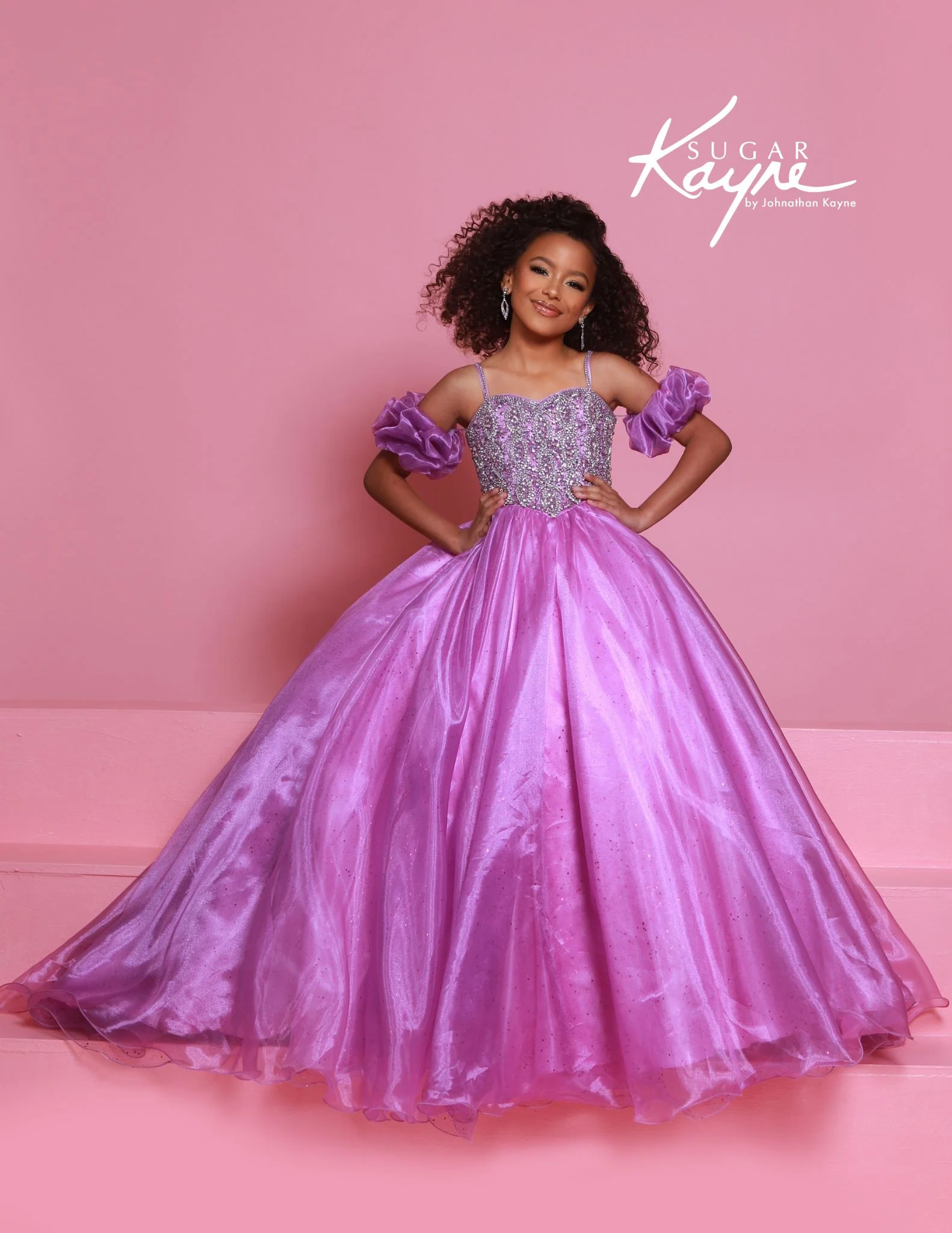 Sugar Kayne C359 Girls Pageant Ballgown Dress Puff Sleeves Glitter Tulle Crystal Bodice