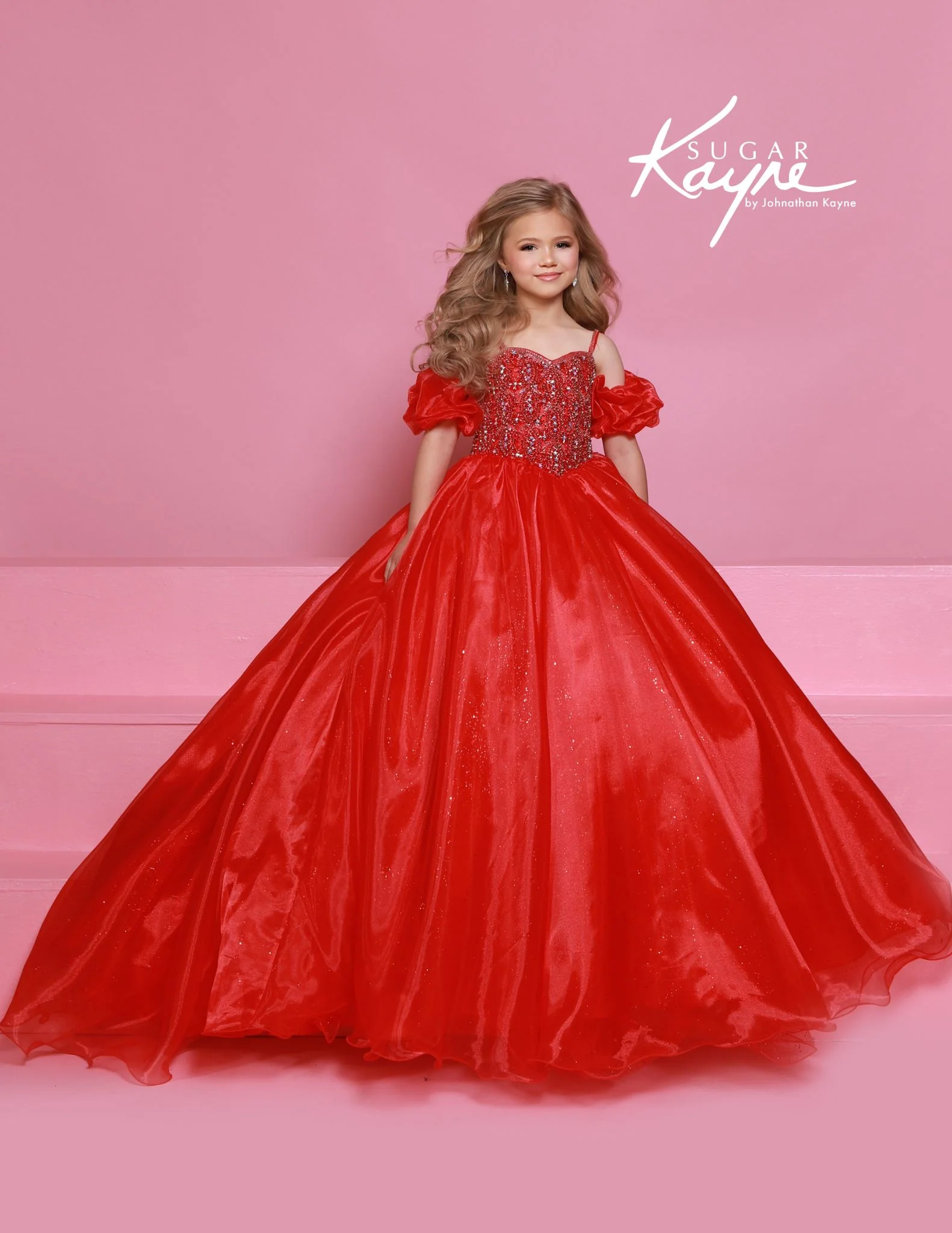 Sugar Kayne C359 Girls Pageant Ballgown Dress Puff Sleeves Glitter Tulle Crystal Bodice - Image 3