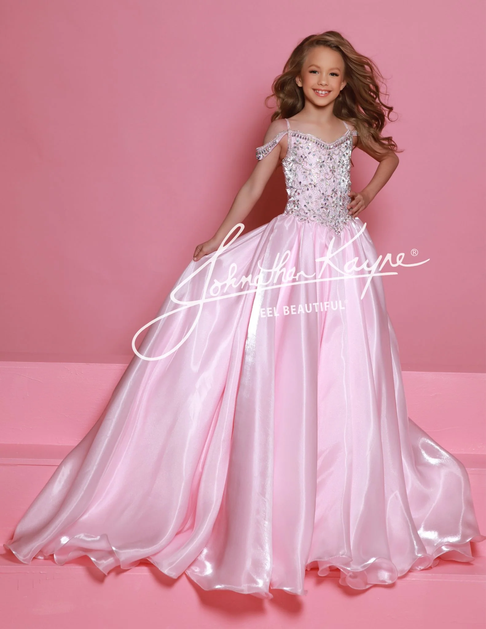 Sugar Kayne C365 Organza Girls Pageant Dress Off the Shoulder Crystal Bodice Formal Gown - Image 3