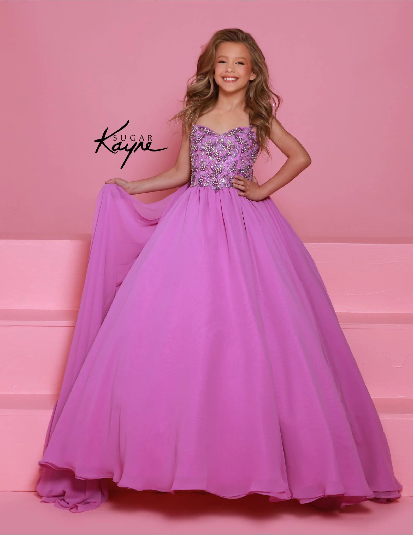 Sugar Kayne C368 Chiffon Cape Girls Pageant Dress Crystal Sequin Bodice Ballgown Gown