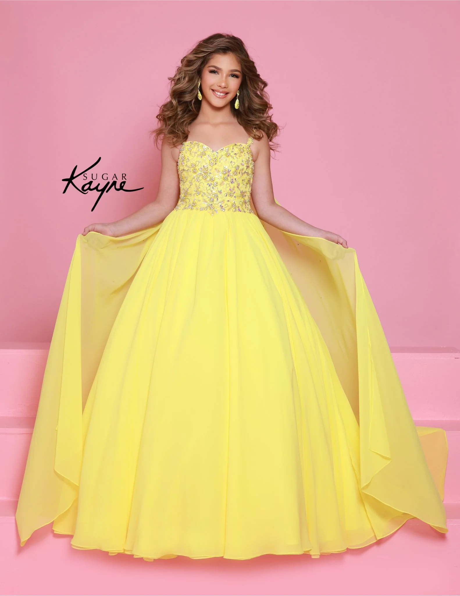Sugar Kayne C368 Chiffon Cape Girls Pageant Dress Crystal Sequin Bodice Ballgown Gown - Image 2