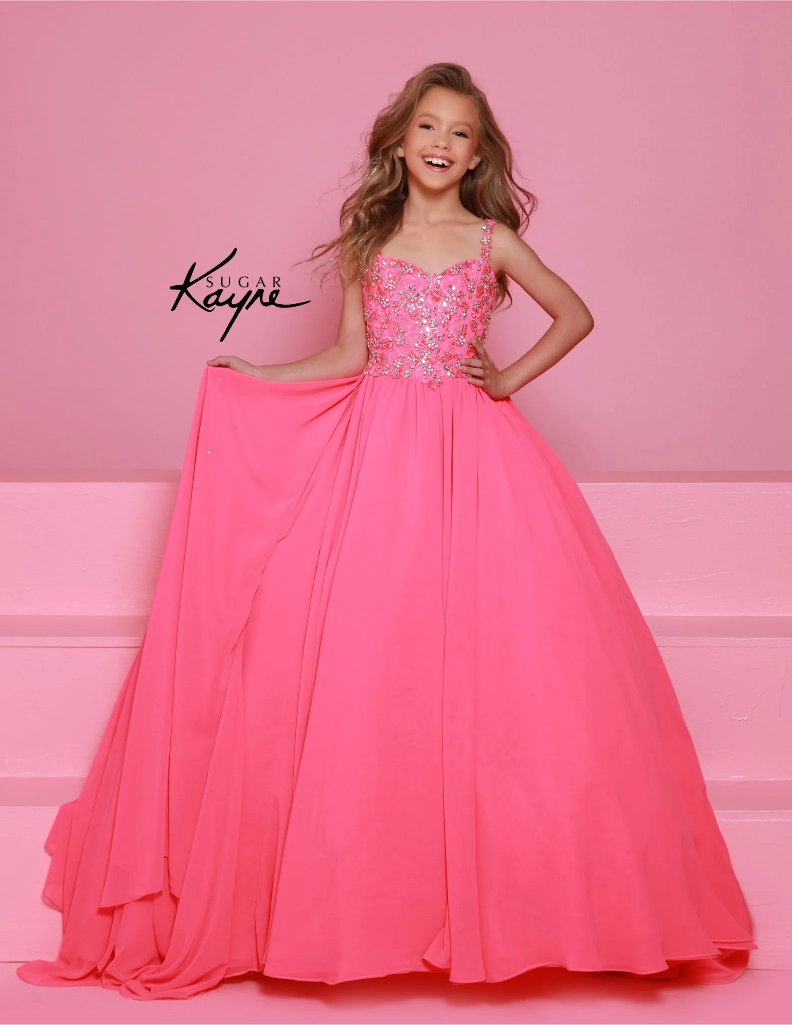 Sugar Kayne C368 Chiffon Cape Girls Pageant Dress Crystal Sequin Bodice Ballgown Gown - Image 3