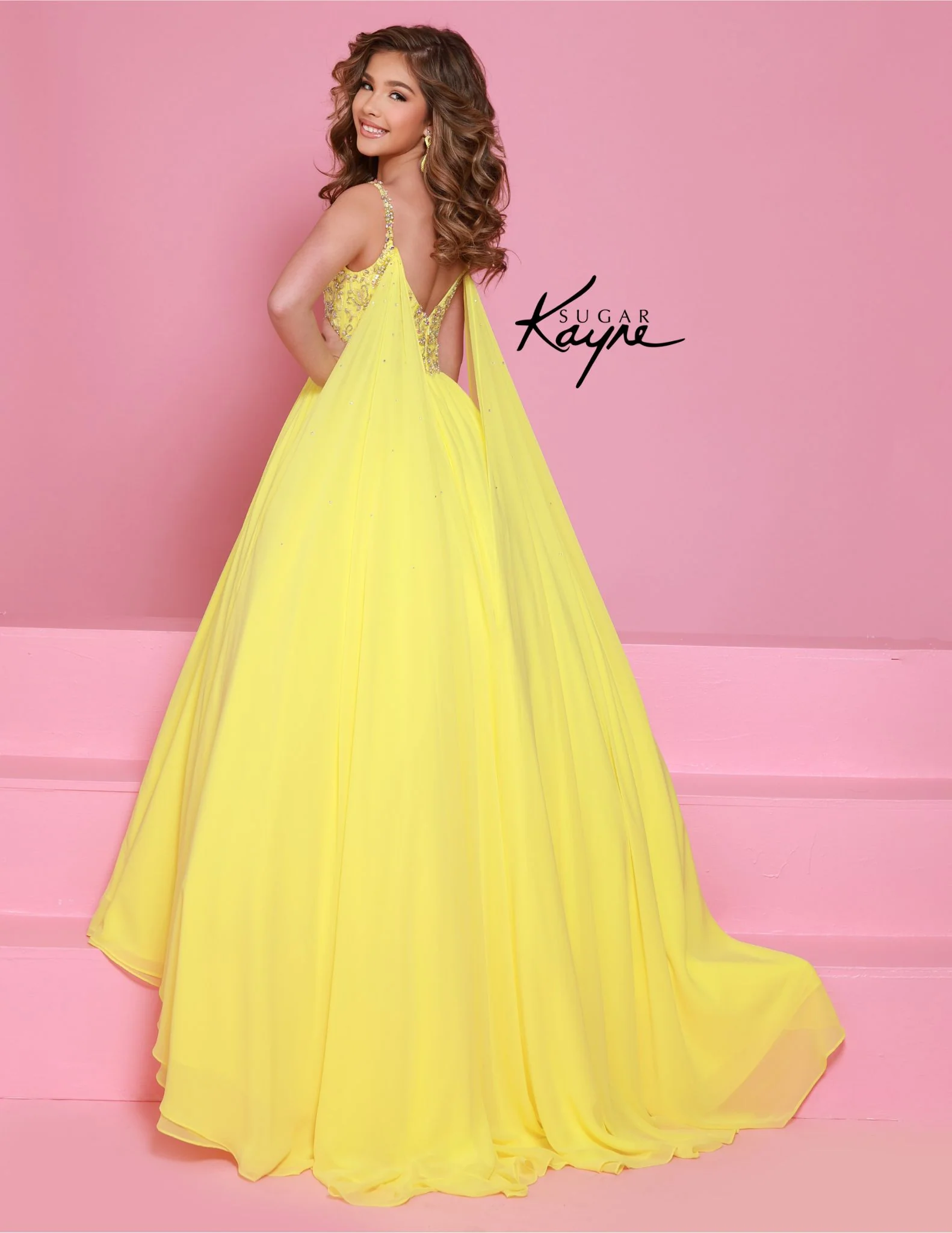 Sugar Kayne C368 Chiffon Cape Girls Pageant Dress Crystal Sequin Bodice Ballgown Gown - Image 4