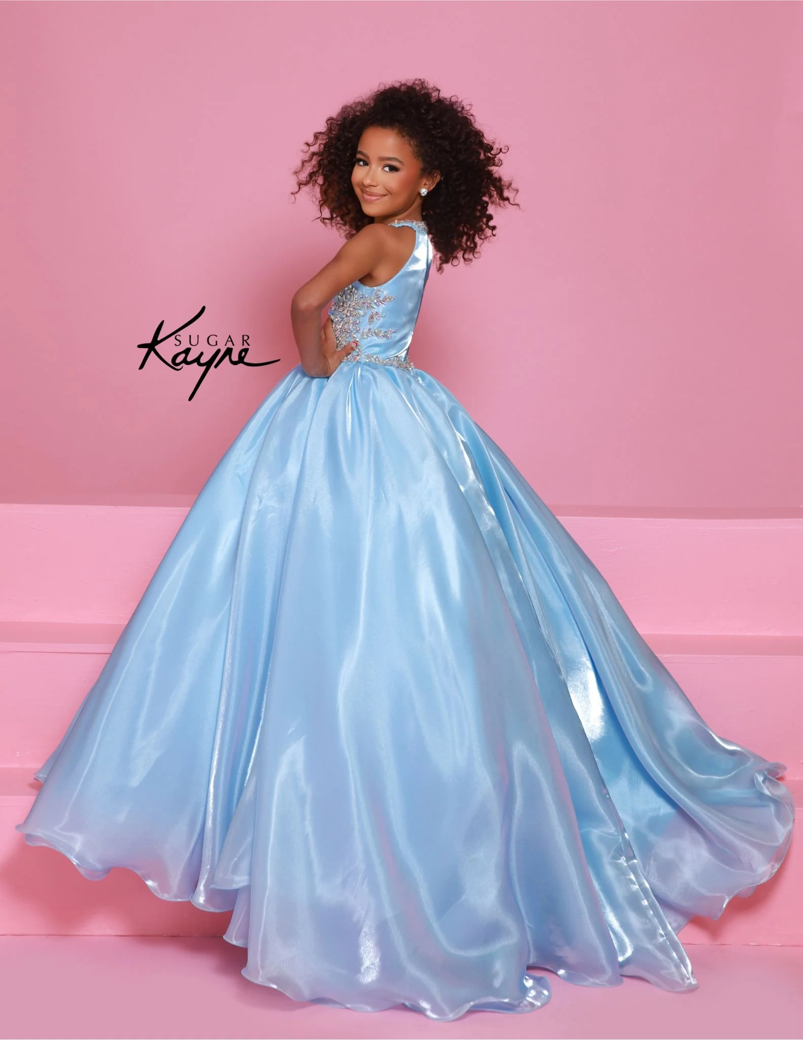 Sugar Kayne C379 Girls Long Pageant Dress Ballgown Shimmer High Neck A Line Beaded - Image 2