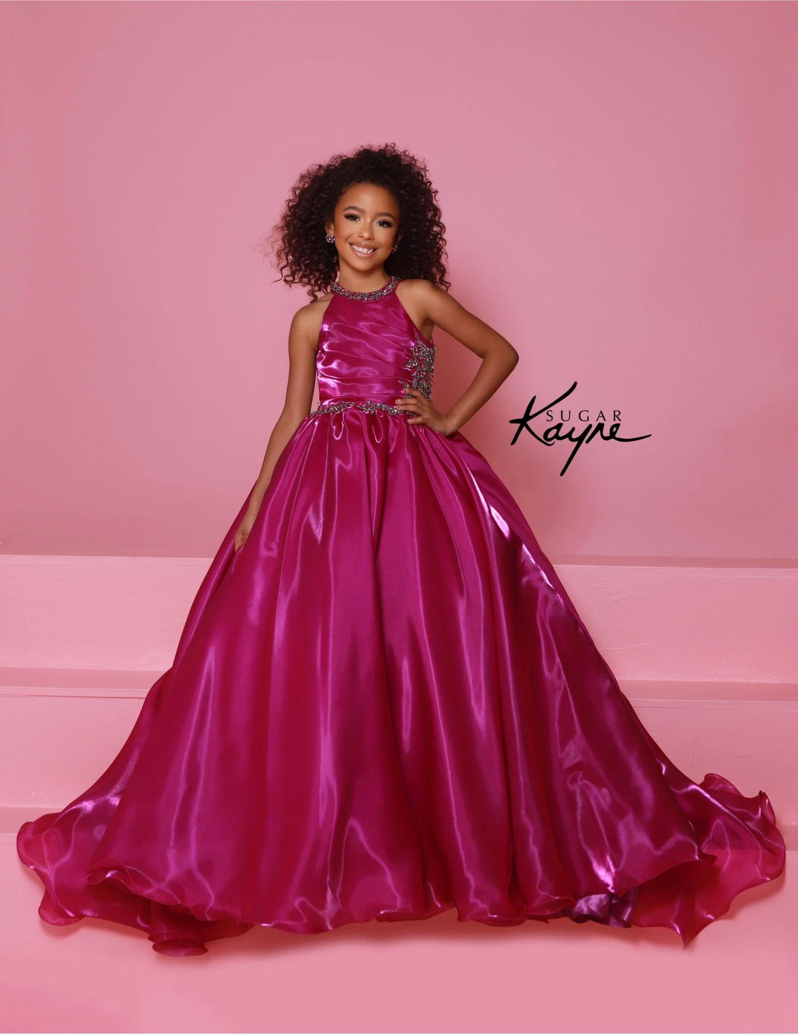 Sugar Kayne C379 Girls Long Pageant Dress Ballgown Shimmer High Neck A Line Beaded - Image 3
