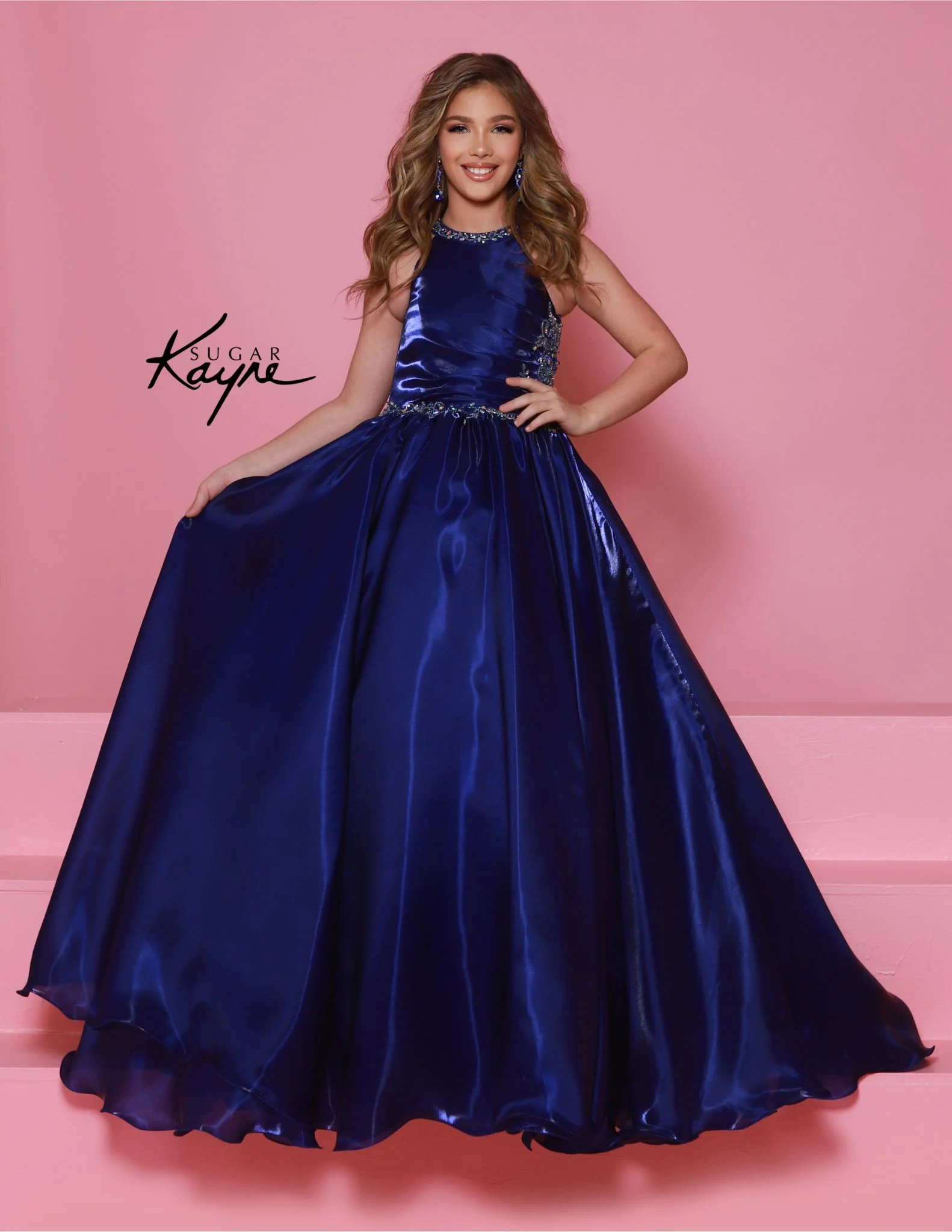 Sugar Kayne C379 Girls Long Pageant Dress Ballgown Shimmer High Neck A Line Beaded - Image 6