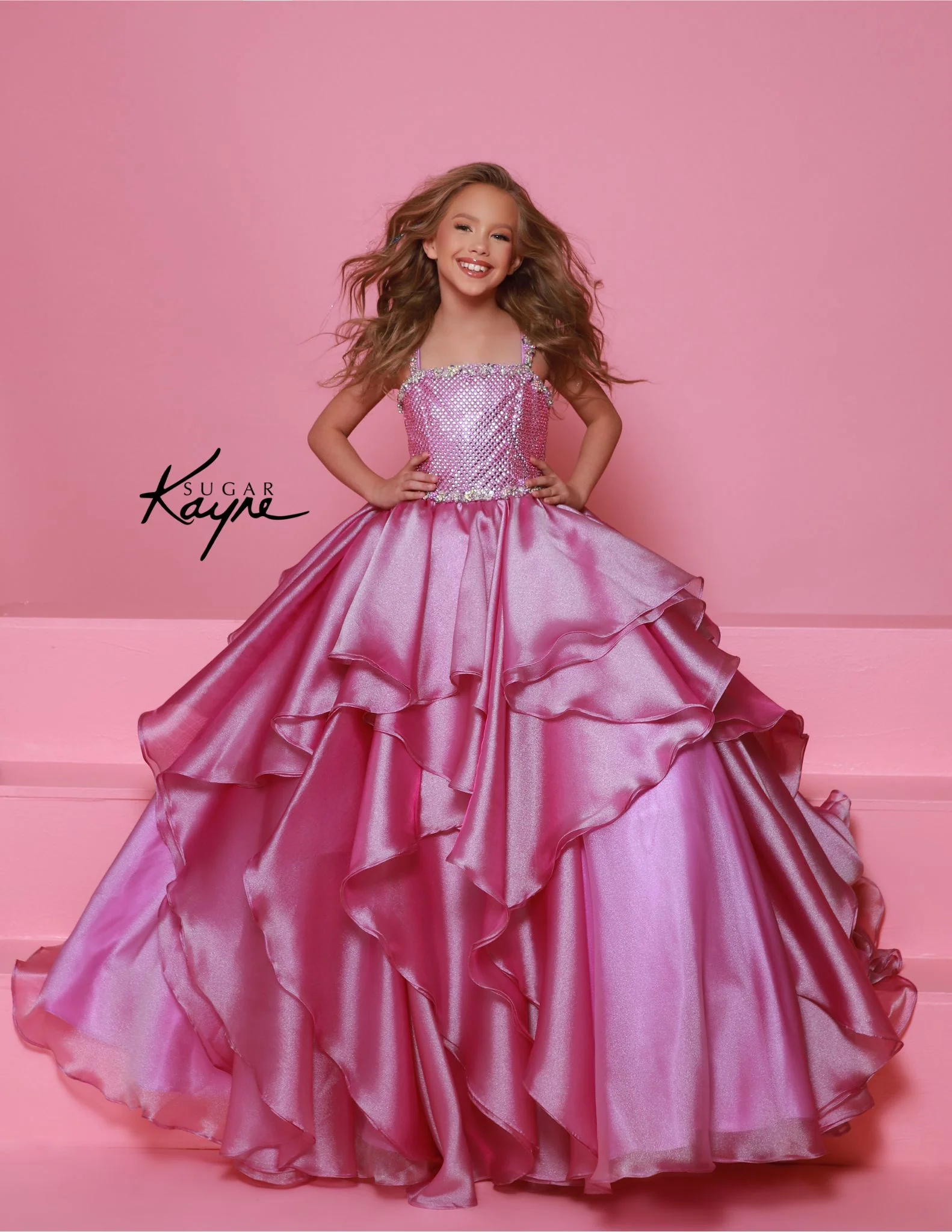 Sugar Kayne C383 Girls Pageant Dress Layer Ballgown Crystal Bodice Ruffle Shimmer Formal - Image 2