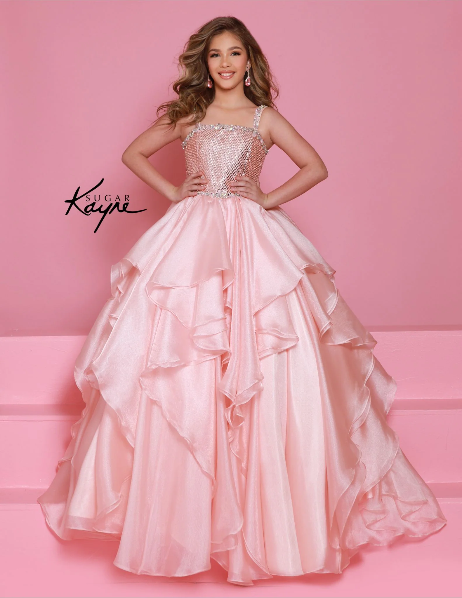 Sugar Kayne C383 Girls Pageant Dress Layer Ballgown Crystal Bodice Ruffle Shimmer Formal - Image 3