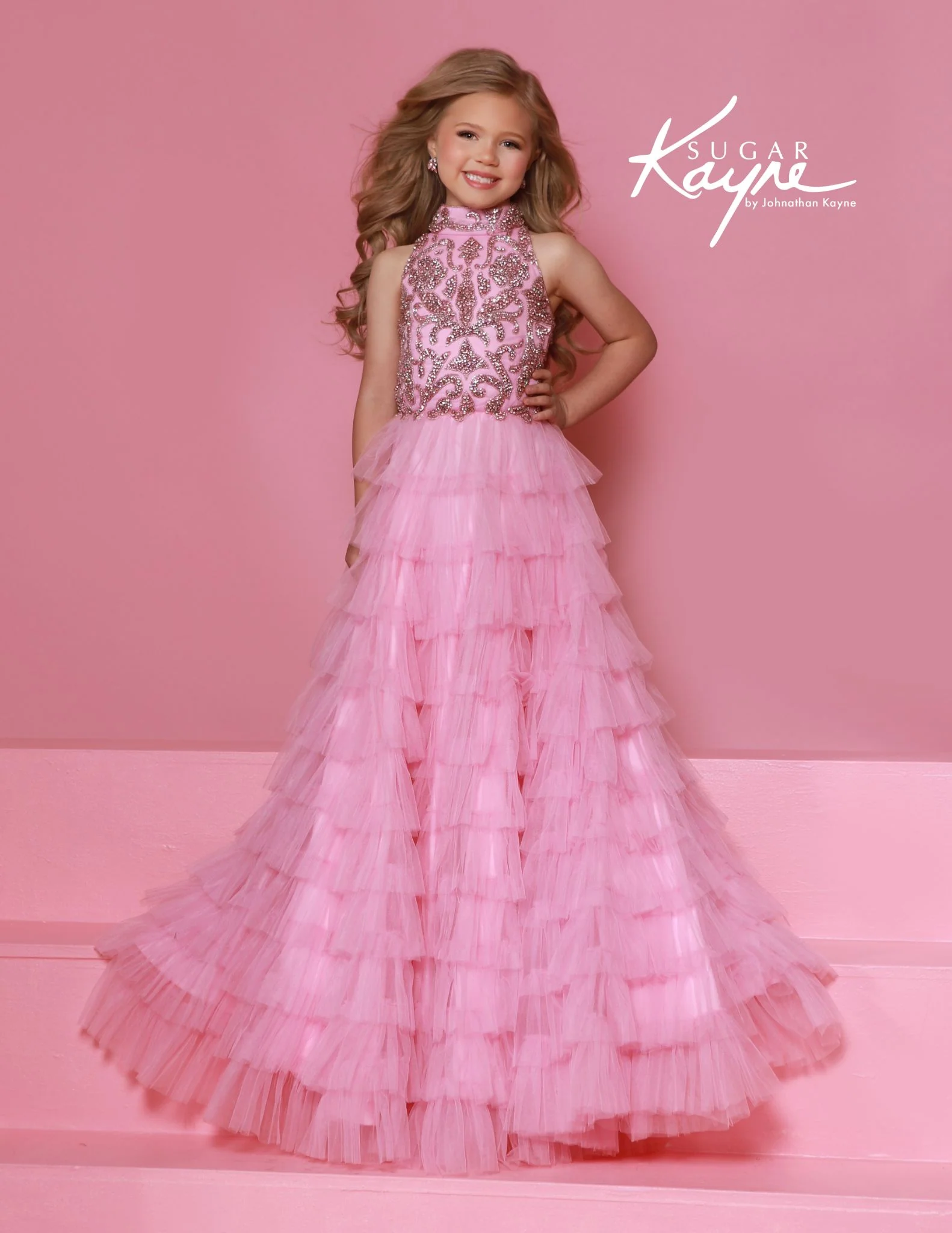 Sugar Kayne C387 Ruffle Ballgown Pageant Dress Crystal High Neckline Tulle Tiers