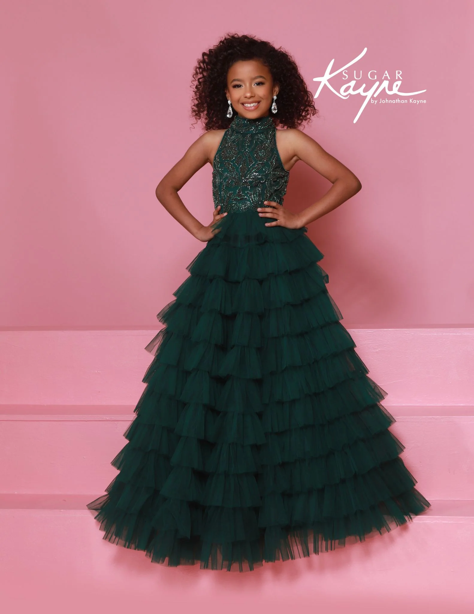 Sugar Kayne C387 Ruffle Ballgown Pageant Dress Crystal High Neckline Tulle Tiers - Image 2
