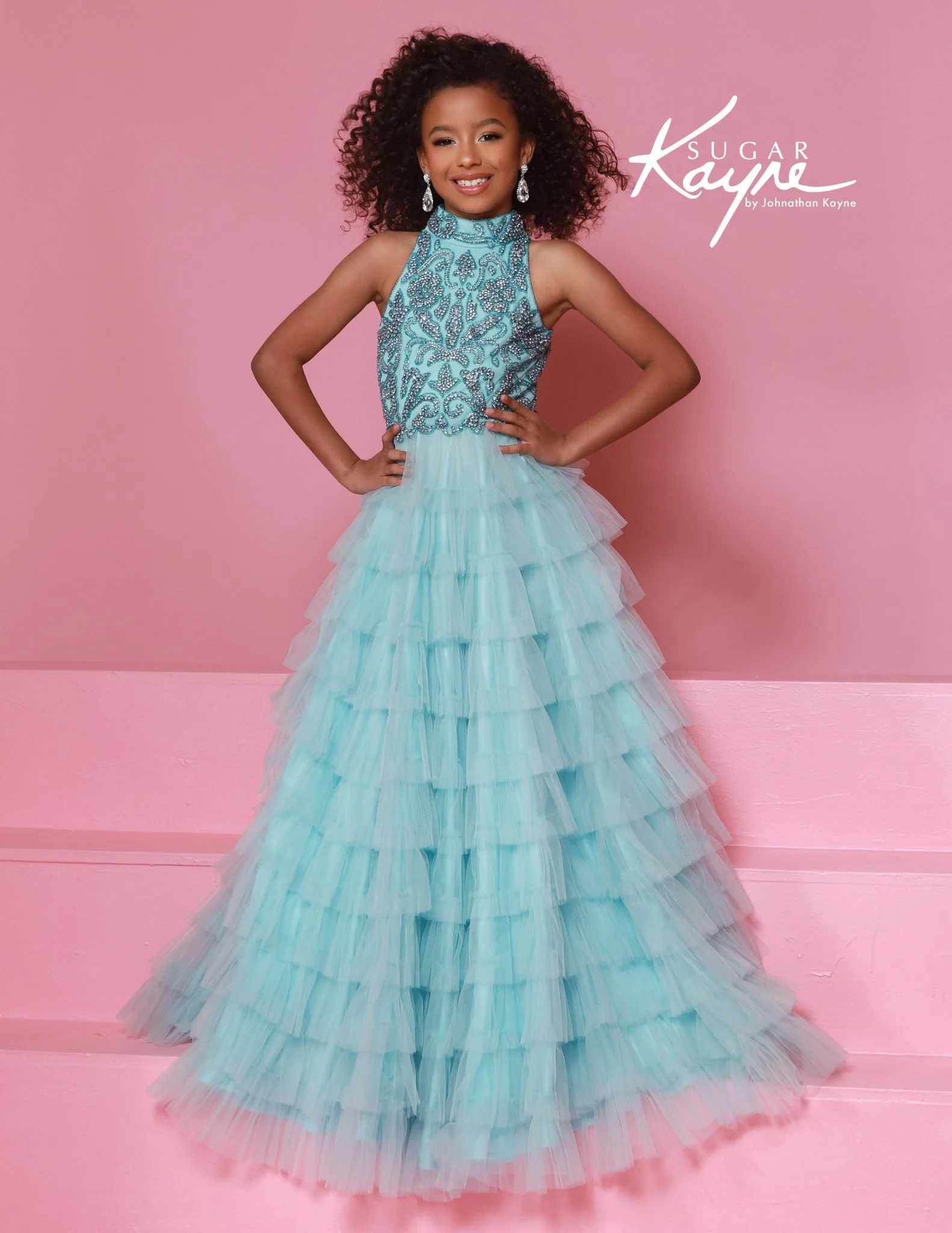 Sugar Kayne C387 Ruffle Ballgown Pageant Dress Crystal High Neckline Tulle Tiers - Image 4