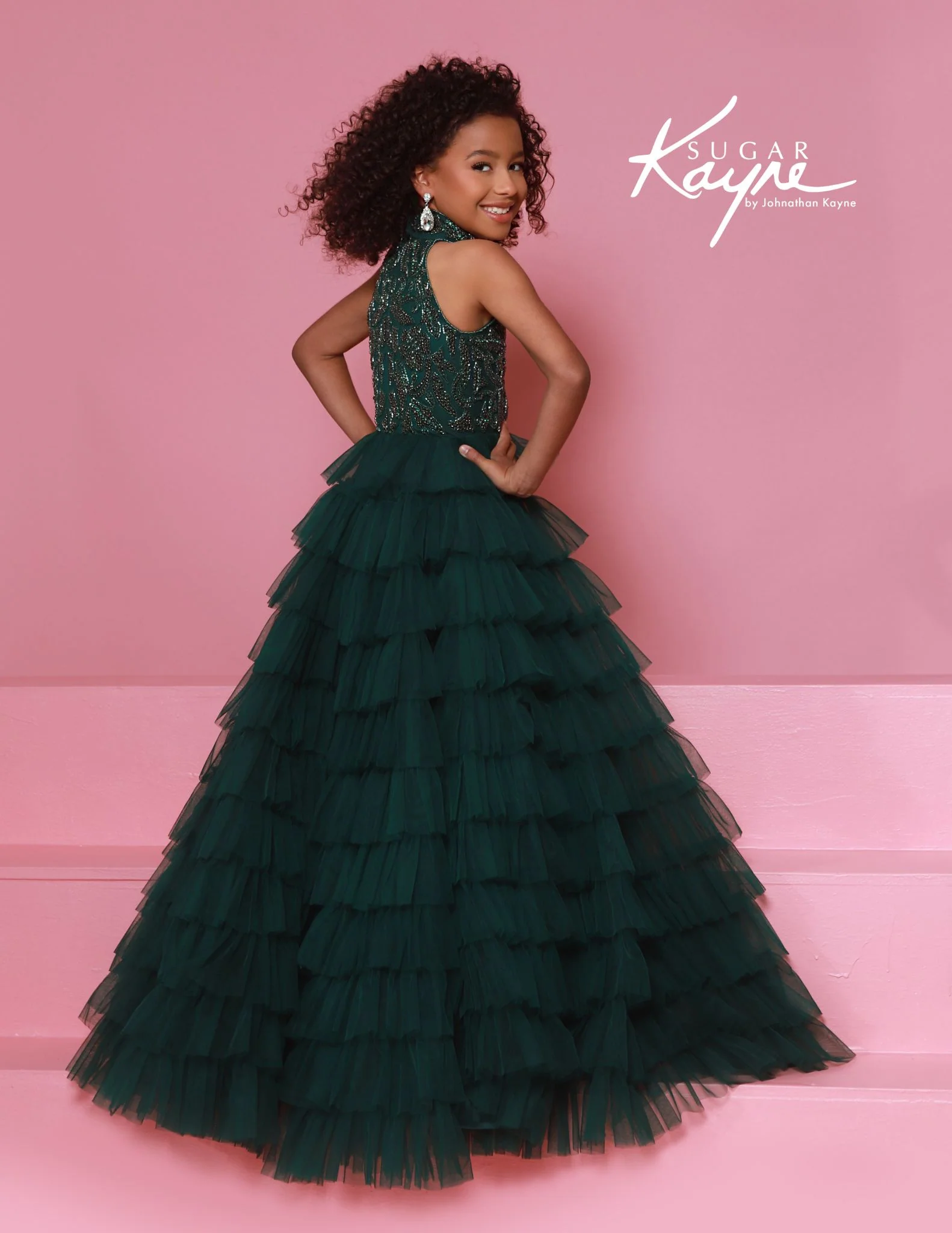 Sugar Kayne C387 Ruffle Ballgown Pageant Dress Crystal High Neckline Tulle Tiers - Image 5
