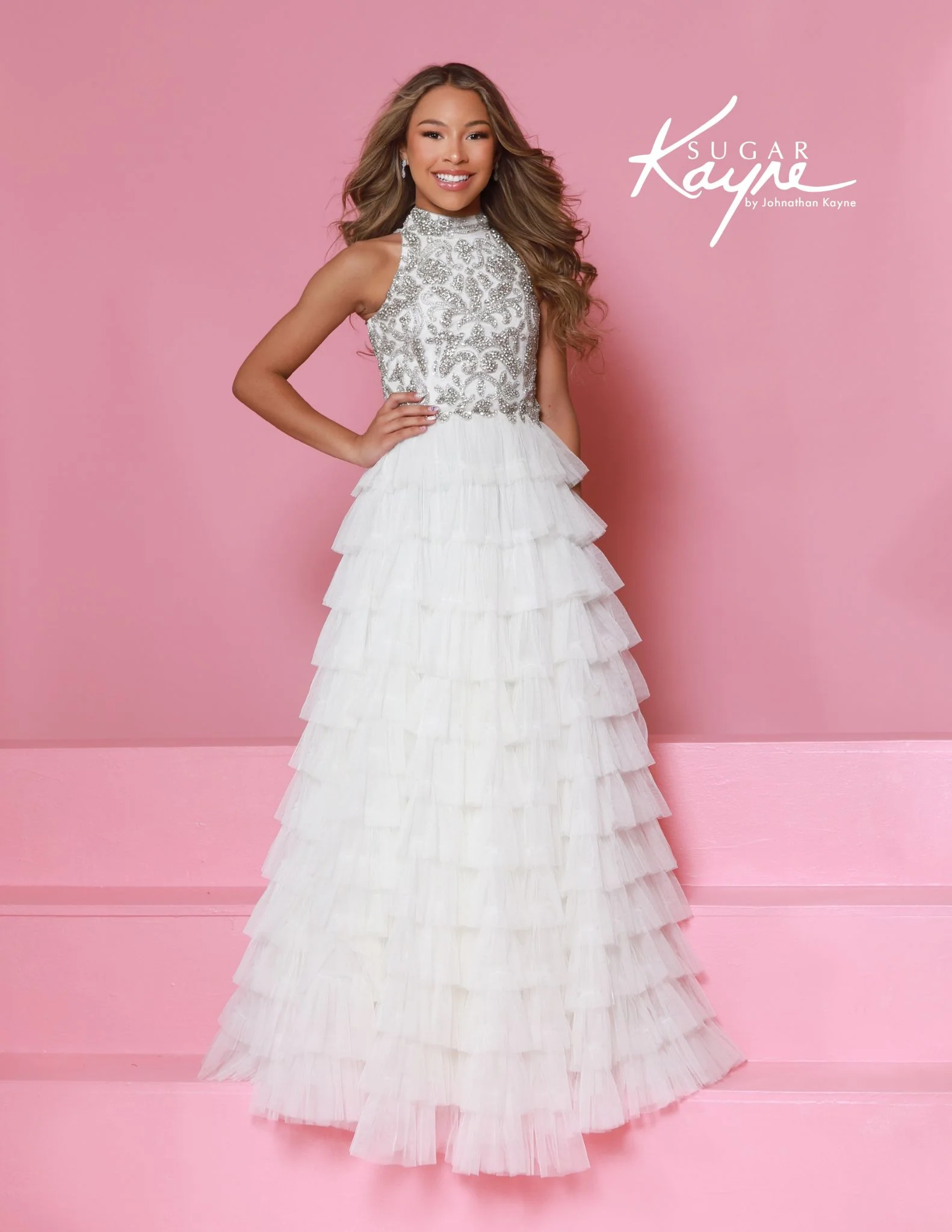 Sugar Kayne C387 Ruffle Ballgown Pageant Dress Crystal High Neckline Tulle Tiers - Image 6