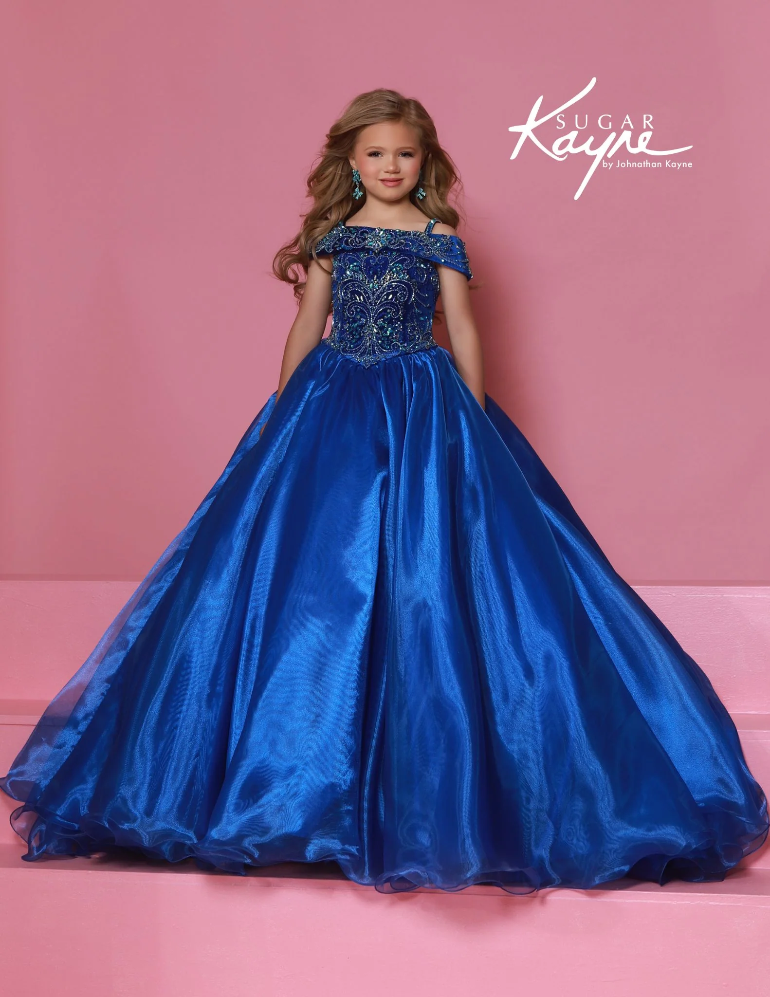 Sugar Kayne C389 Off the Shoulder Girls Pageant Dress Straight Neckline Organza Long Ballgown