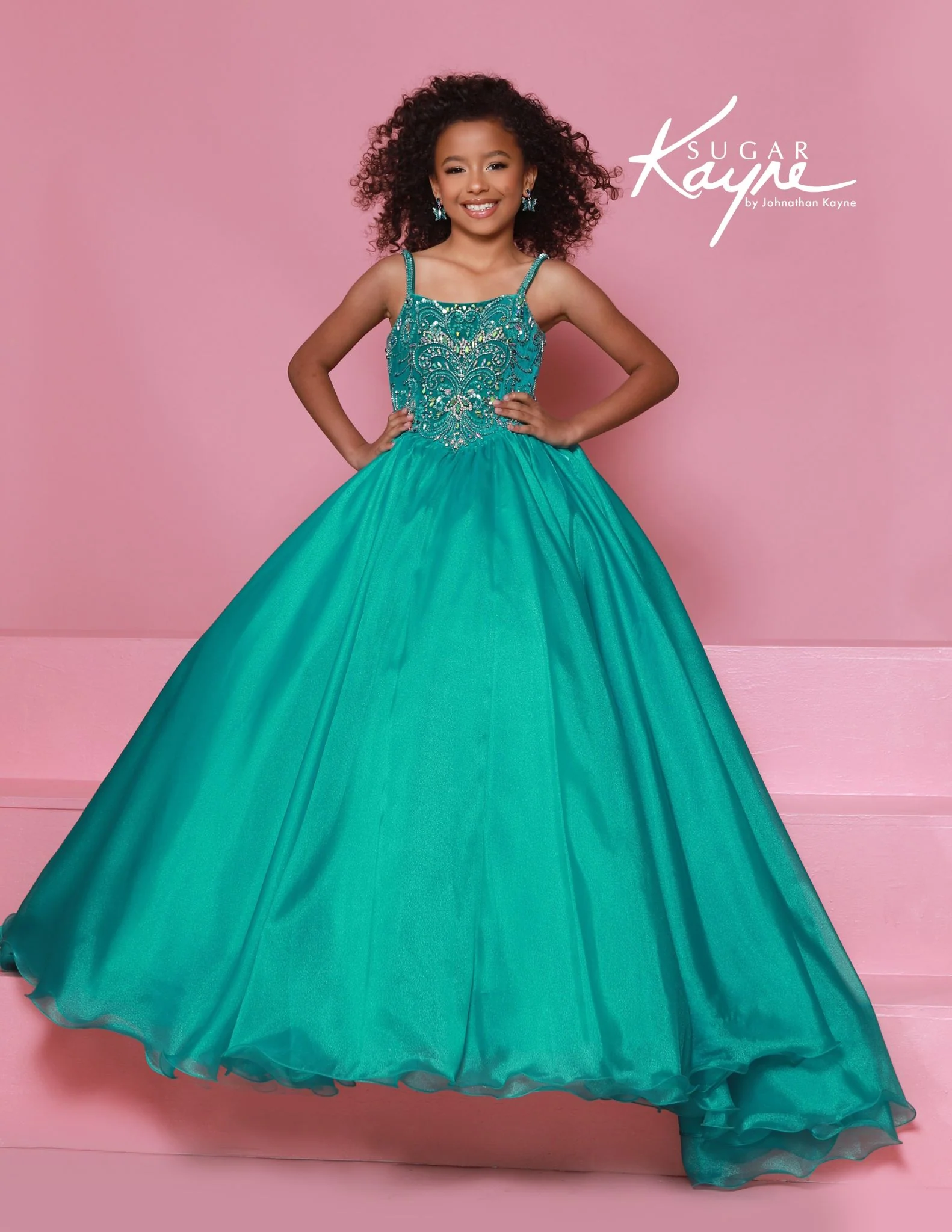 Sugar Kayne C389 Off the Shoulder Girls Pageant Dress Straight Neckline Organza Long Ballgown - Image 2