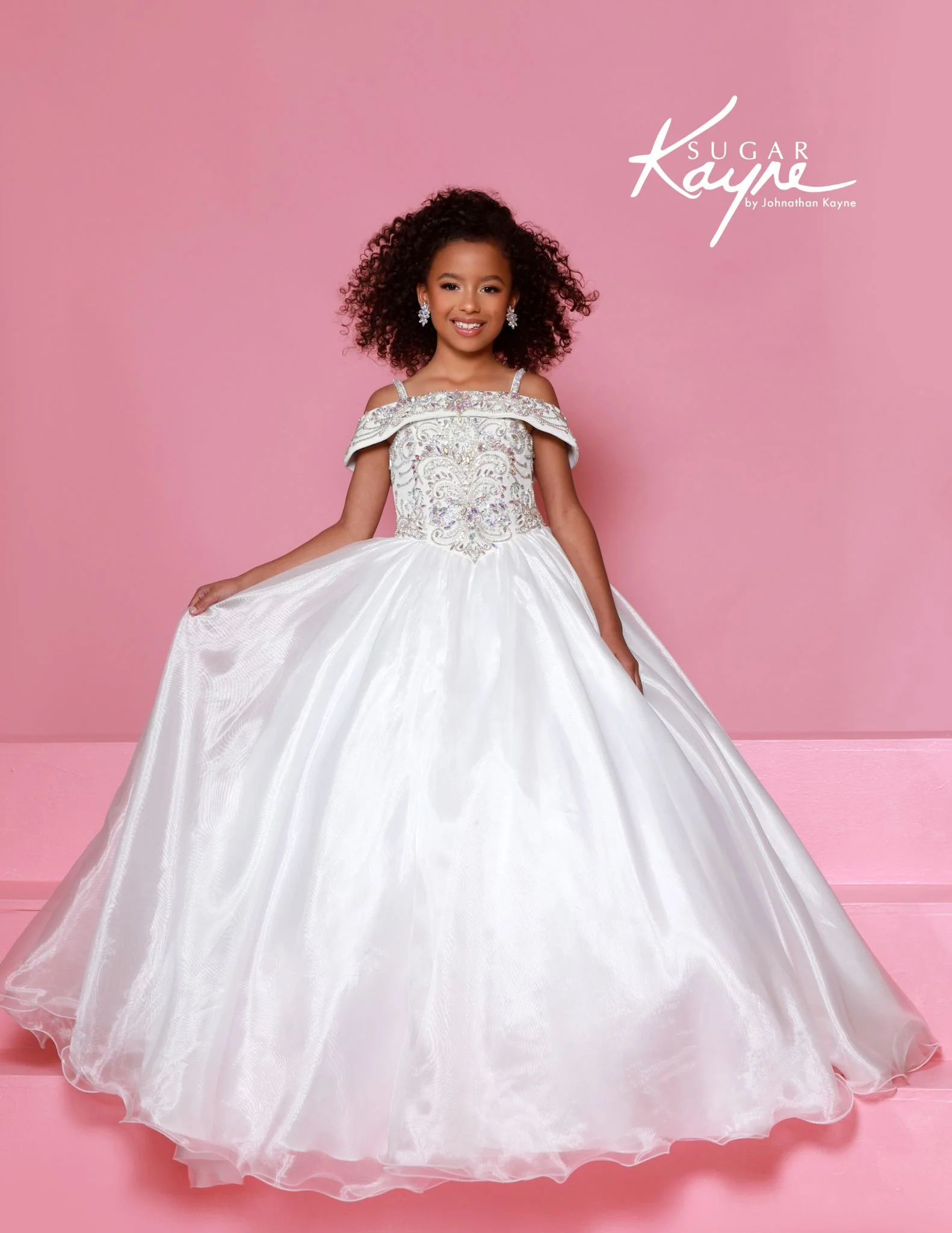 Sugar Kayne C389 Off the Shoulder Girls Pageant Dress Straight Neckline Organza Long Ballgown - Image 3