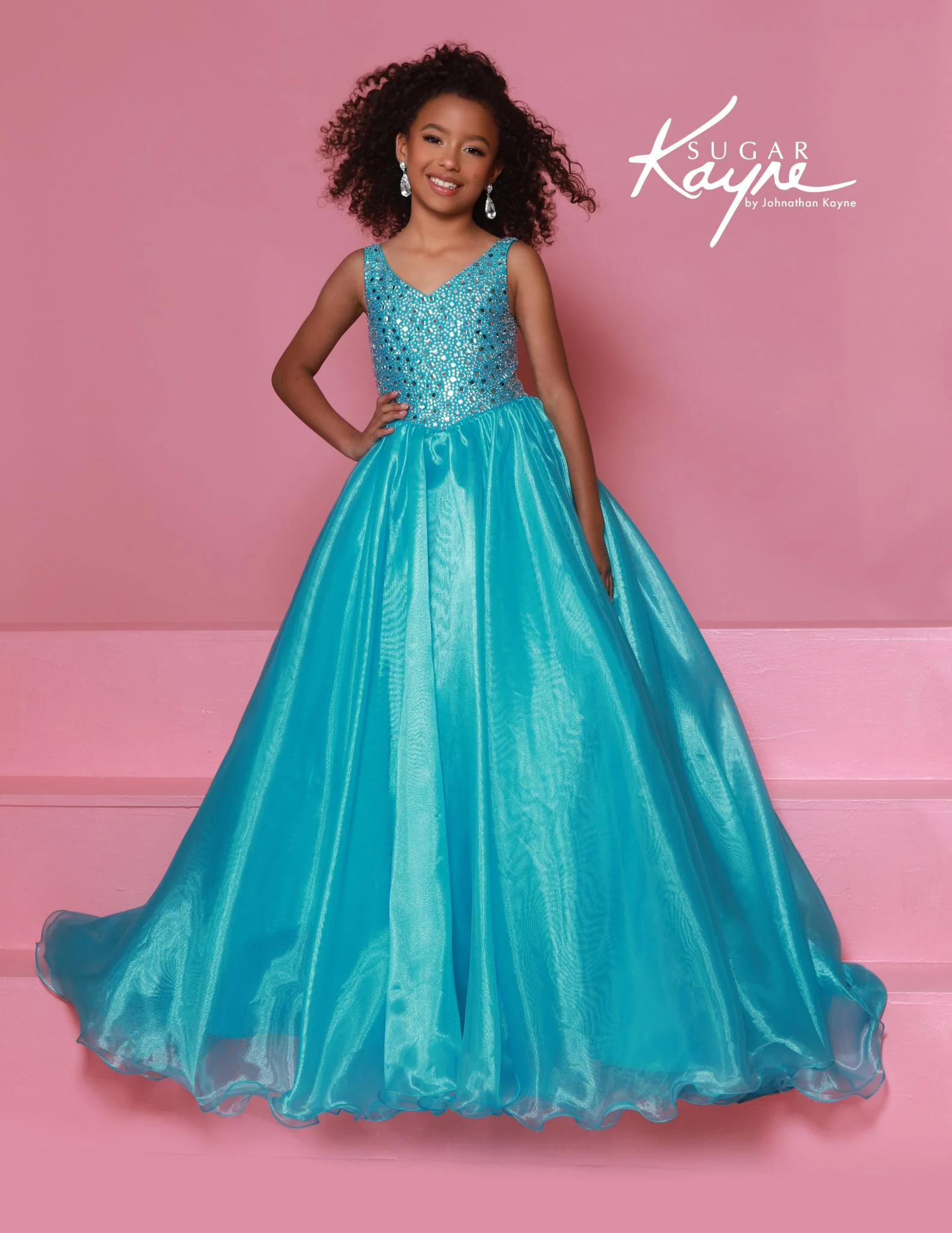 Sugar Kayne C392 Girls Pageant Dress Ballgown Crystal Organza V Neckline Sleeveless