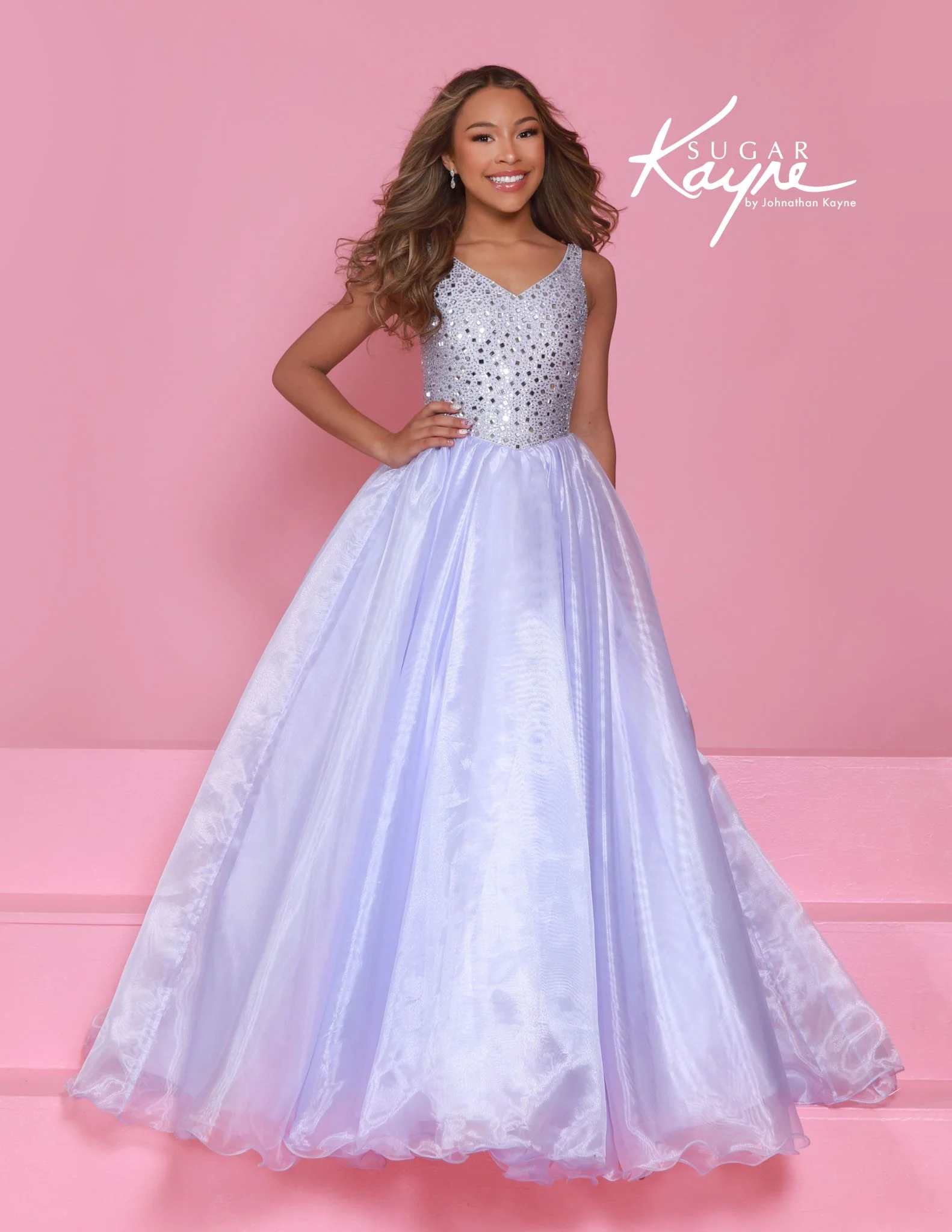 Sugar Kayne C392 Girls Pageant Dress Ballgown Crystal Organza V Neckline Sleeveless - Image 2