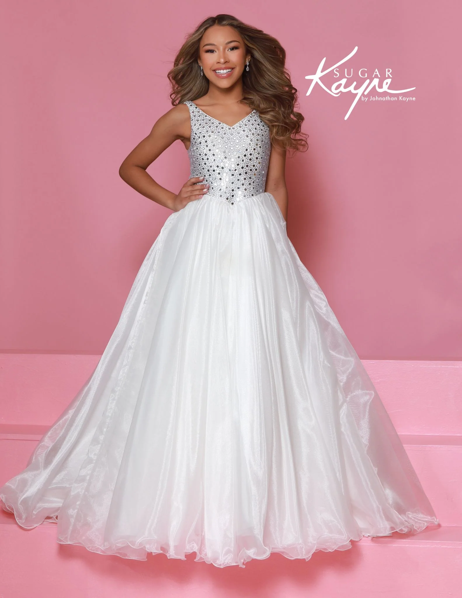 Sugar Kayne C392 Girls Pageant Dress Ballgown Crystal Organza V Neckline Sleeveless - Image 3