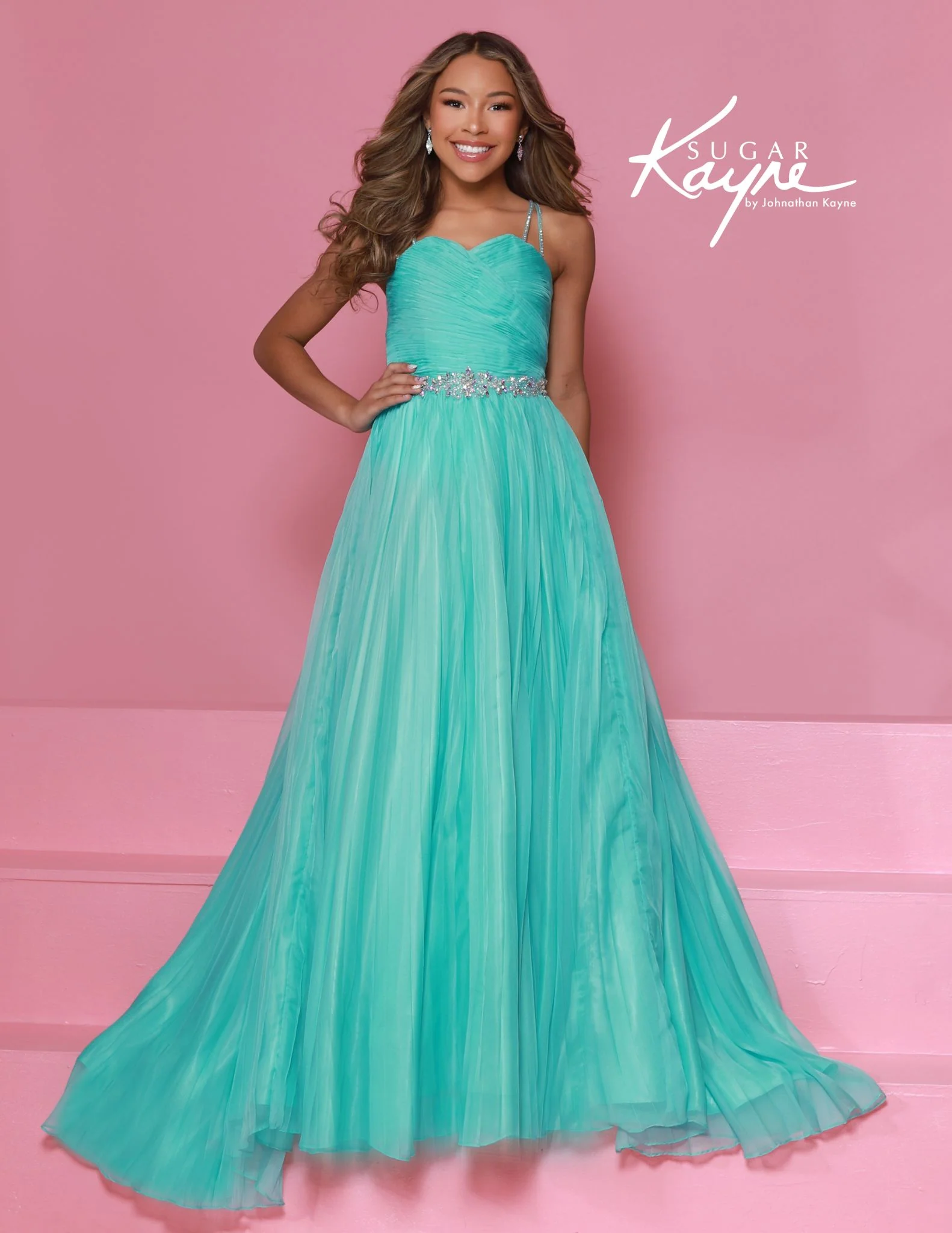 Sugar Kayne C395 Chiffon Girls A Line Pageant Dress High Neckline Cascading Crystal Back