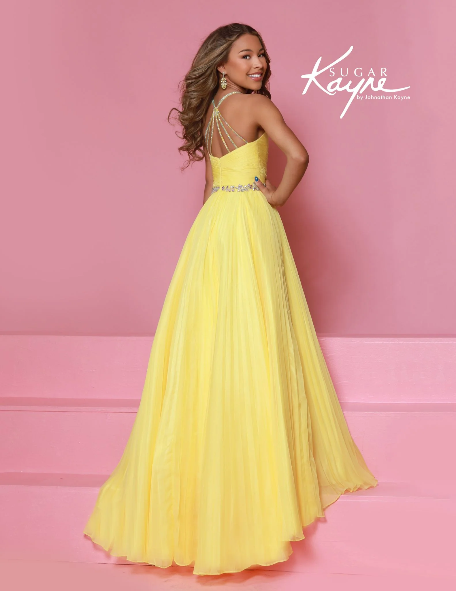 Sugar Kayne C395 Chiffon Girls A Line Pageant Dress High Neckline Cascading Crystal Back - Image 2