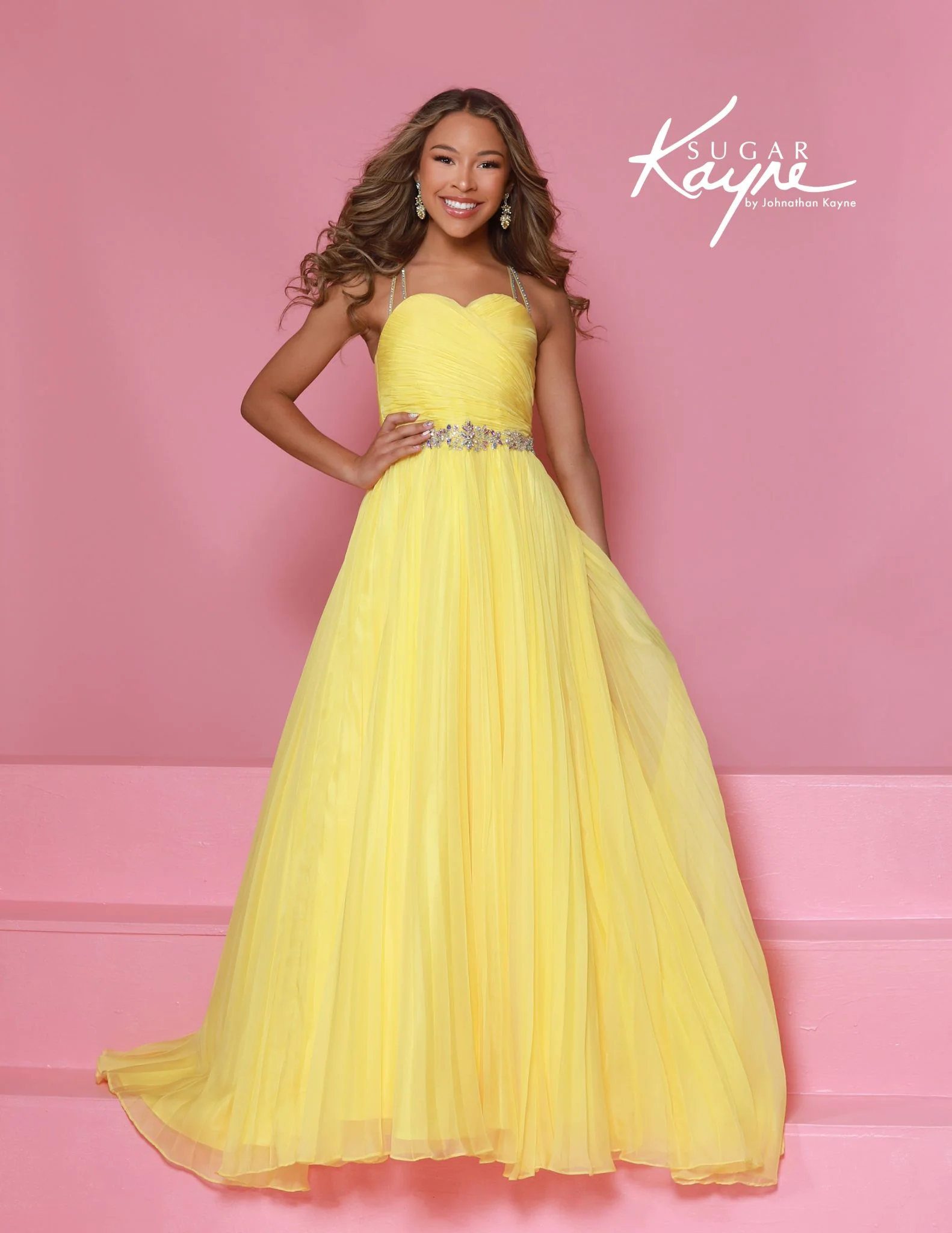Sugar Kayne C395 Chiffon Girls A Line Pageant Dress High Neckline Cascading Crystal Back - Image 3