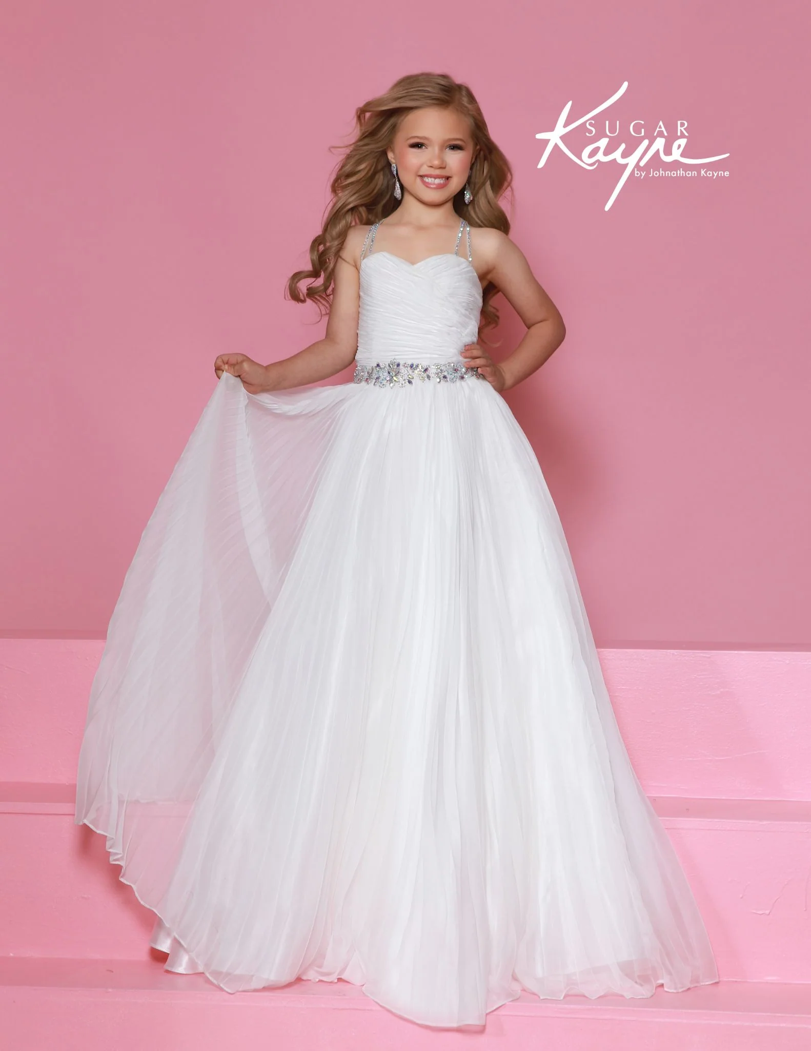 Sugar Kayne C395 Chiffon Girls A Line Pageant Dress High Neckline Cascading Crystal Back - Image 4