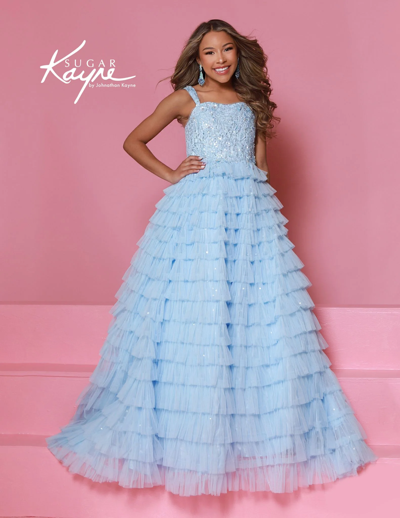 Sugar Kayne C396 Layered Tulle Girls Pageant Dress A Line Ballgown Straight Neckline Sequins Ruffles - Image 2
