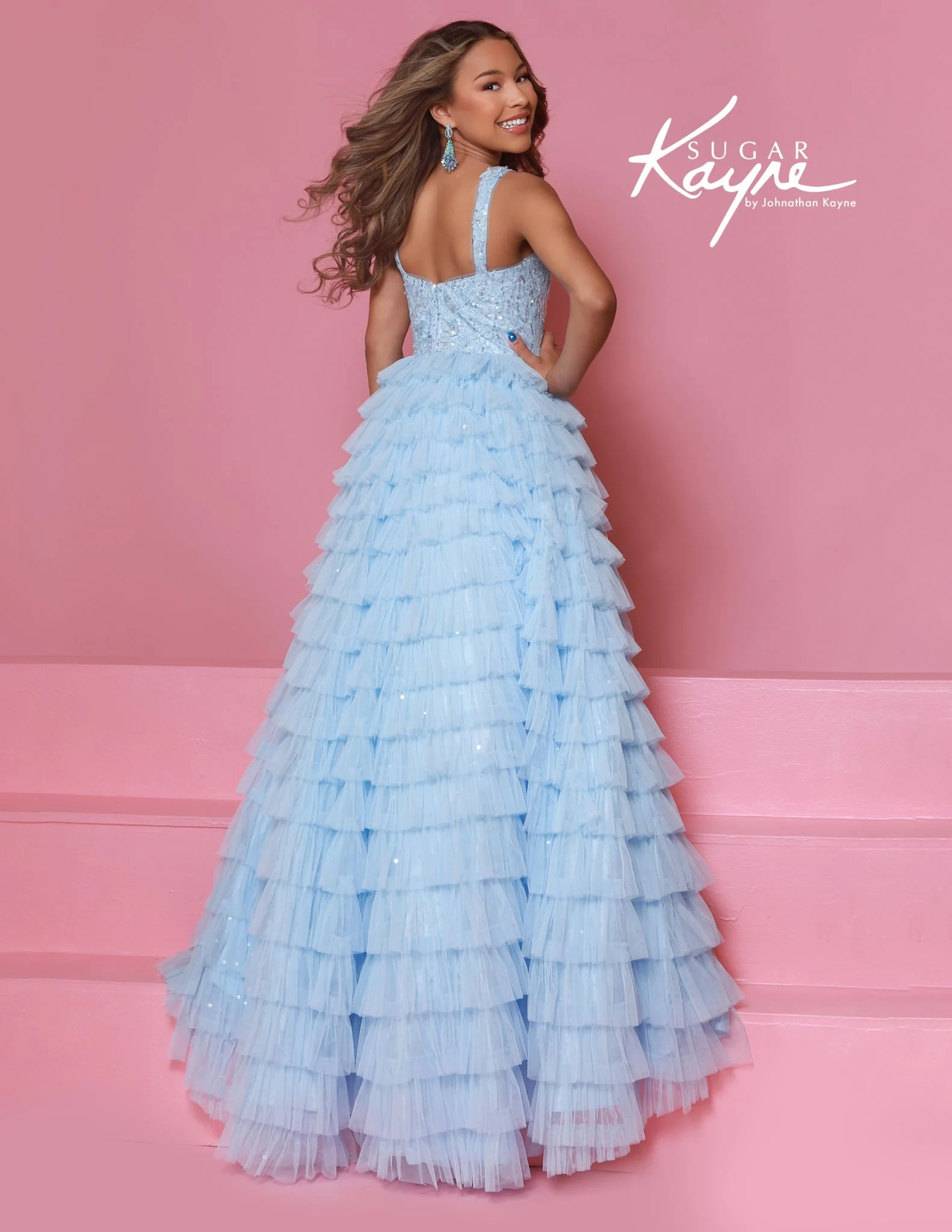 Sugar Kayne C396 Layered Tulle Girls Pageant Dress A Line Ballgown Straight Neckline Sequins Ruffles - Image 3