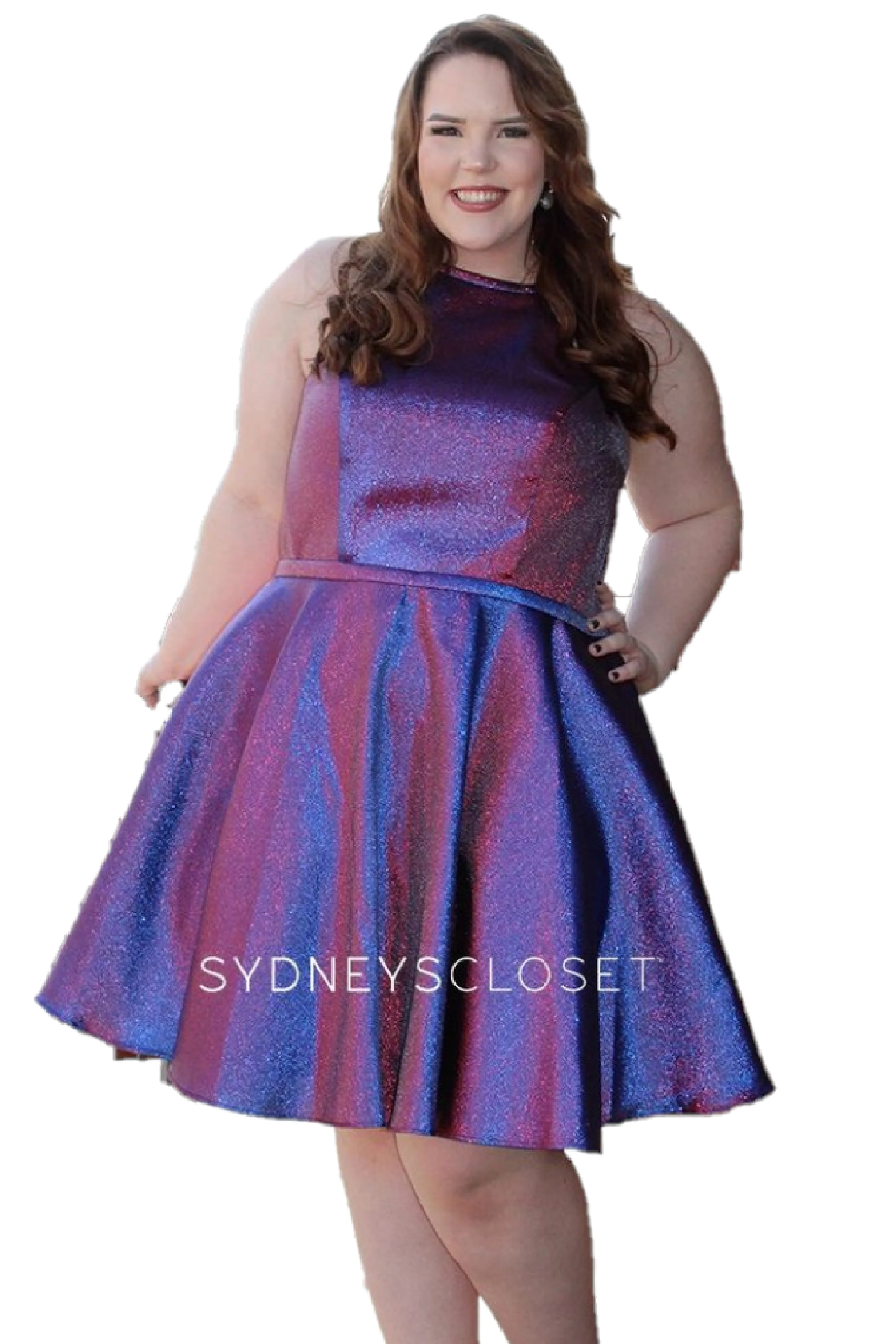 Sydney's Closet 8103 sz 18 Peacock Short Flare Metallic Prom Dress High Neck Pockets